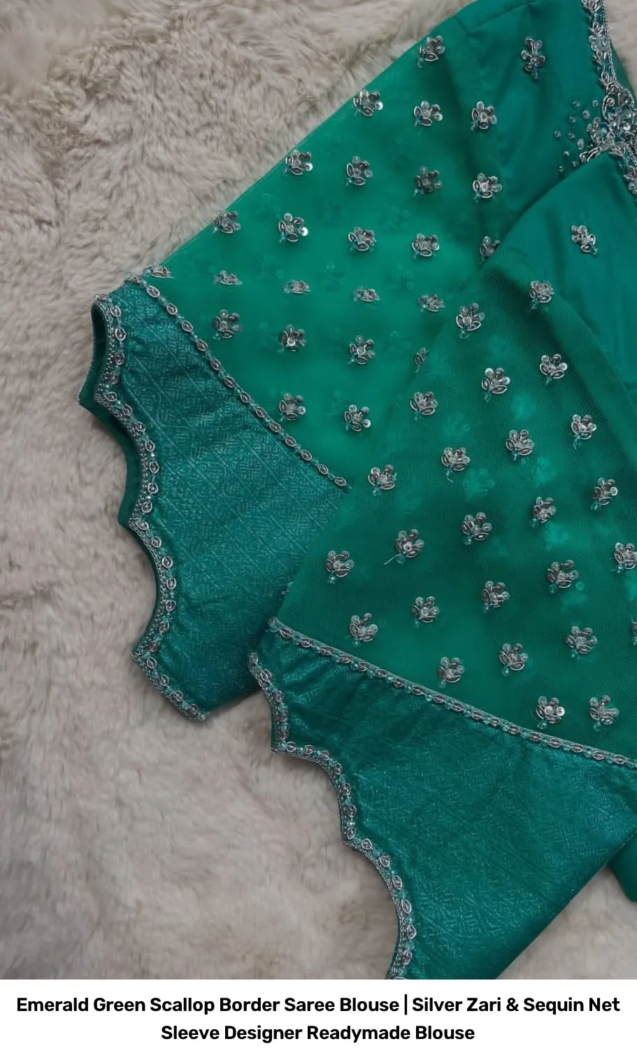 Emerald Green Scallop Border Saree Blouse | Silver Zari & Sequin Net Sleeve Designer Readymade Blouse 5