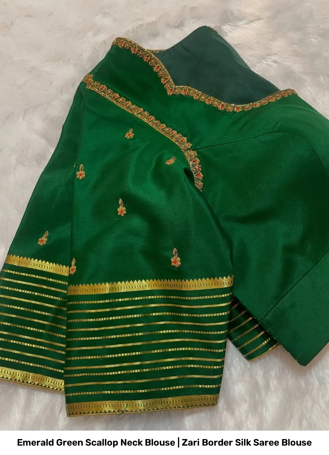 Emerald Green Scallop Neck Blouse | Zari Border Silk Saree Blouse 2