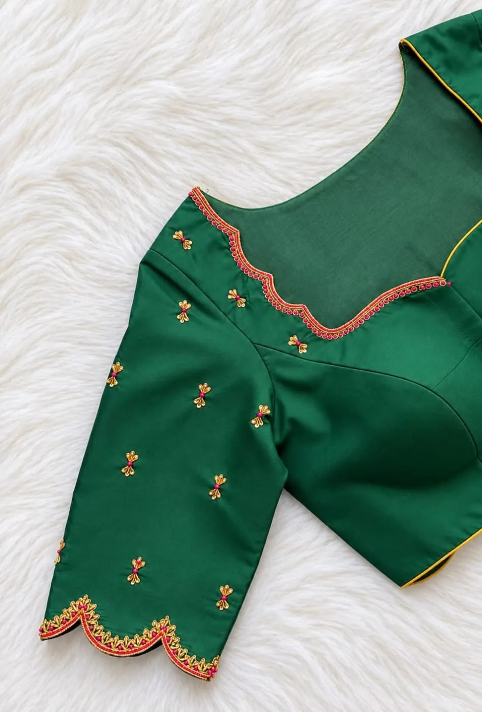 Emerald Green Scallop Neck Silk Blouse with Pink Bead Embroidery | Designer Cutwork Saree Blouse