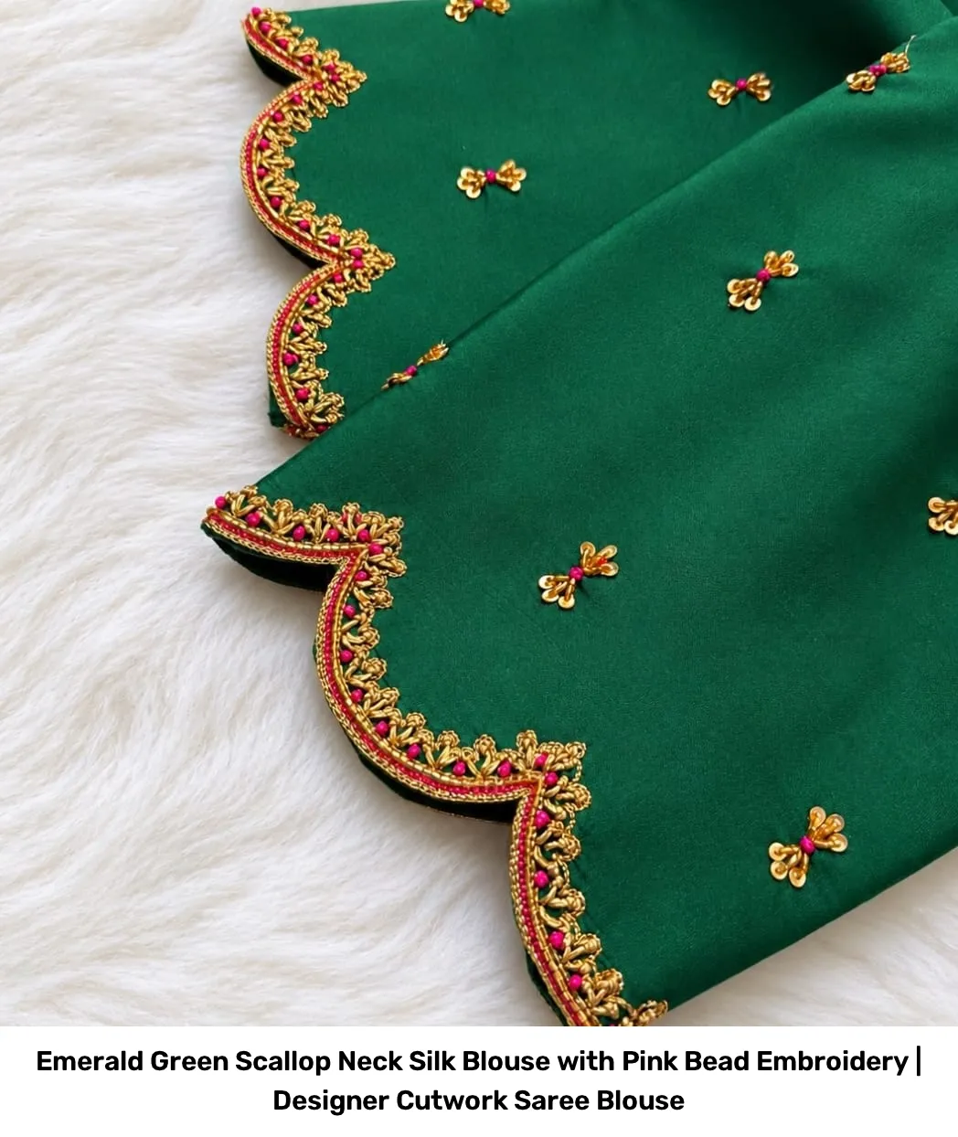 Emerald Green Scallop Neck Silk Blouse with Pink Bead Embroidery | Designer Cutwork Saree Blouse 2