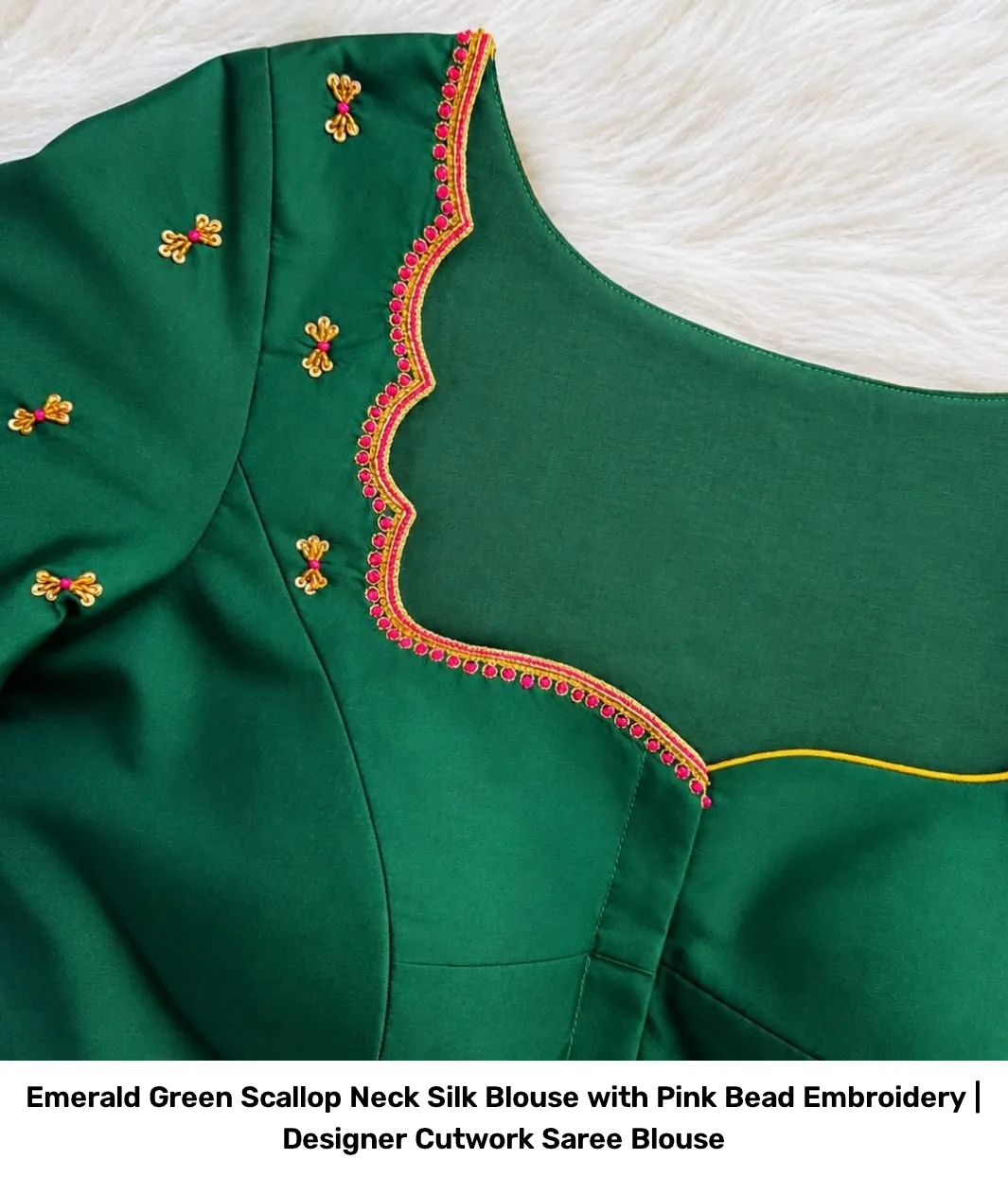 Emerald Green Scallop Neck Silk Blouse with Pink Bead Embroidery | Designer Cutwork Saree Blouse 3