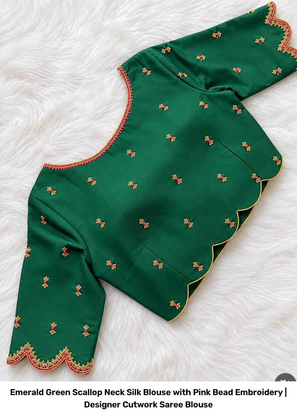 Emerald Green Scallop Neck Silk Blouse with Pink Bead Embroidery | Designer Cutwork Saree Blouse 4