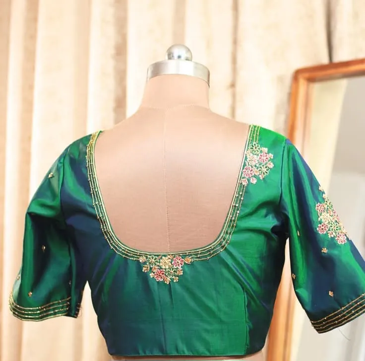 Emerald Green Silk Designer Blouse with Hand Embroidery & Beaded Strings | Readymade Blouses 1