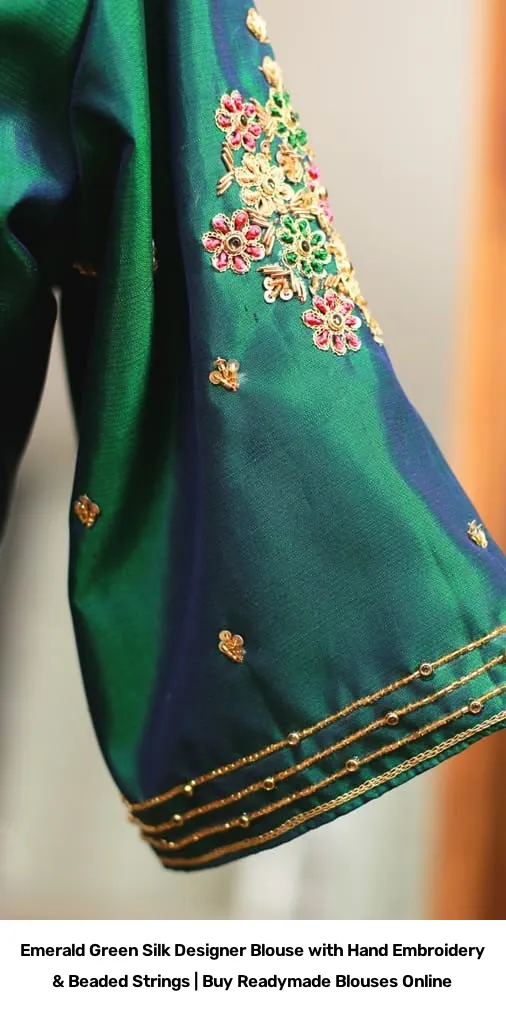 Emerald Green Silk Designer Blouse with Hand Embroidery & Beaded Strings | Readymade Blouses 2