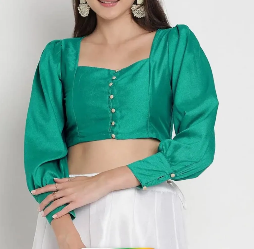 Emerald Green Silk Saree Blouse with Long Bishop Sleeves | Square Neck Front Button Designer Crop Top Choli