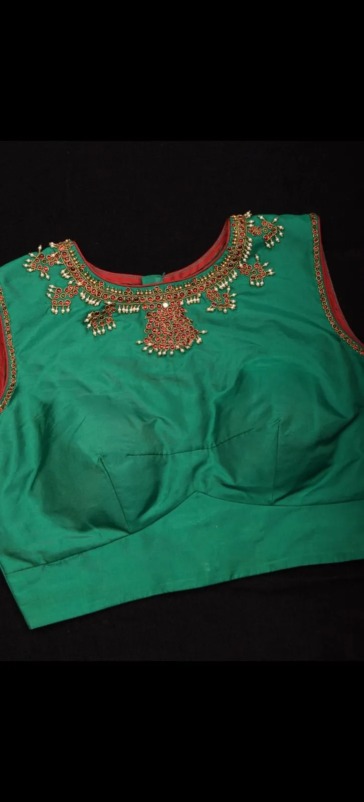 Emerald Green Silk Sleeveless Saree Blouse | Readymade Temple Jewelry Neck Kundan & Pearl Work Choli