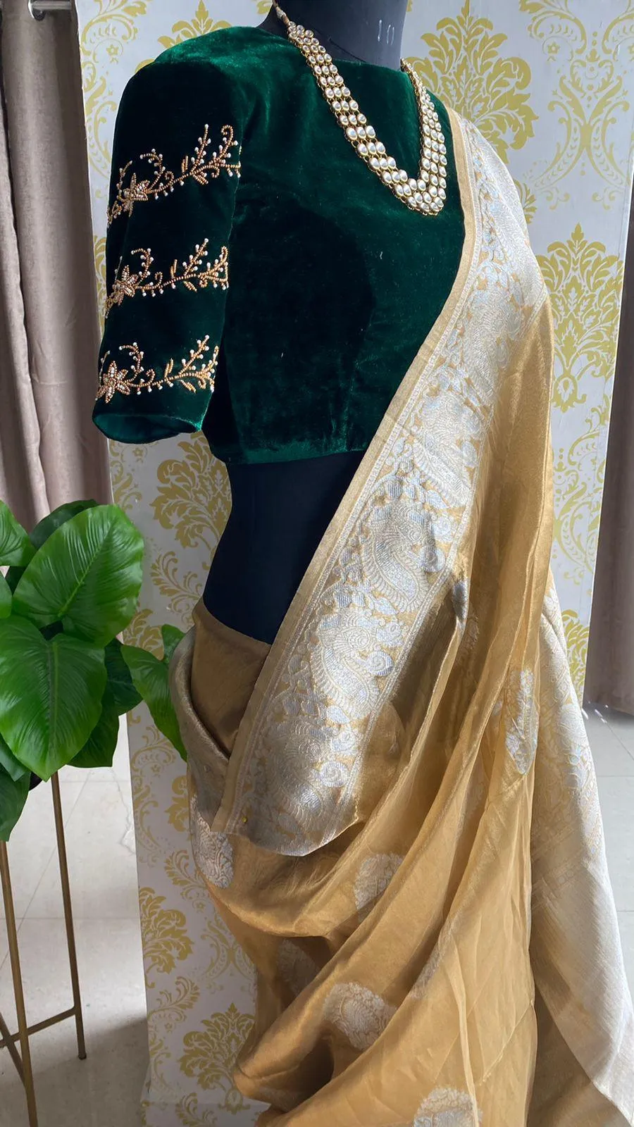 Emerald Green Velvet Saree Blouse with Maggam Work | Handcrafted Pearl & Cutbead Vine Sleeve Blouse