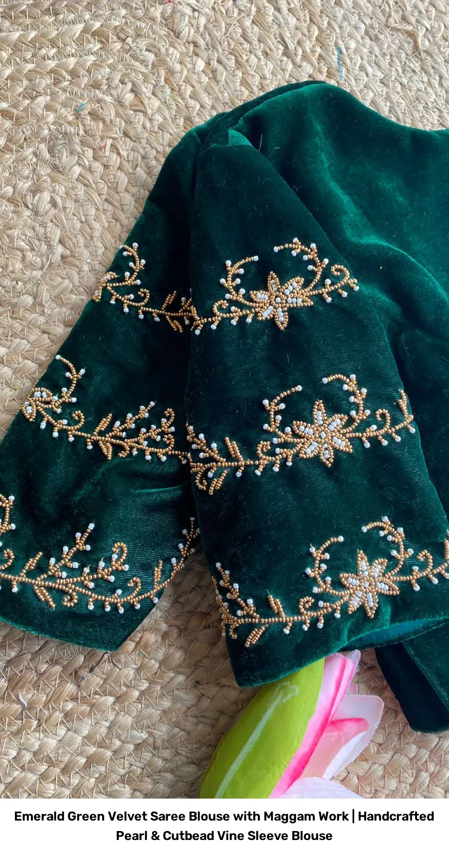 Emerald Green Velvet Saree Blouse with Maggam Work | Handcrafted Pearl & Cutbead Vine Sleeve Blouse 2