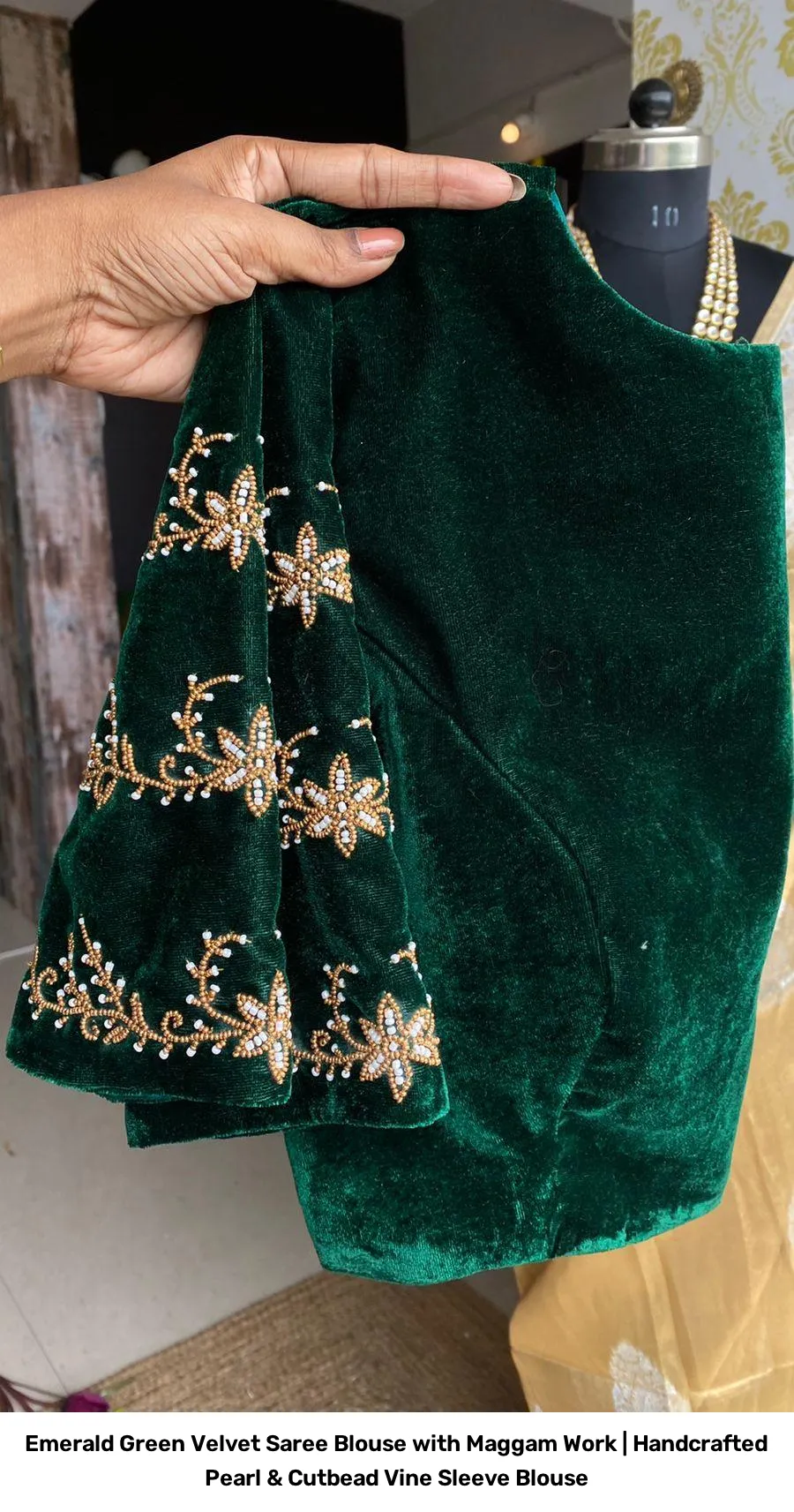 Emerald Green Velvet Saree Blouse with Maggam Work | Handcrafted Pearl & Cutbead Vine Sleeve Blouse 3
