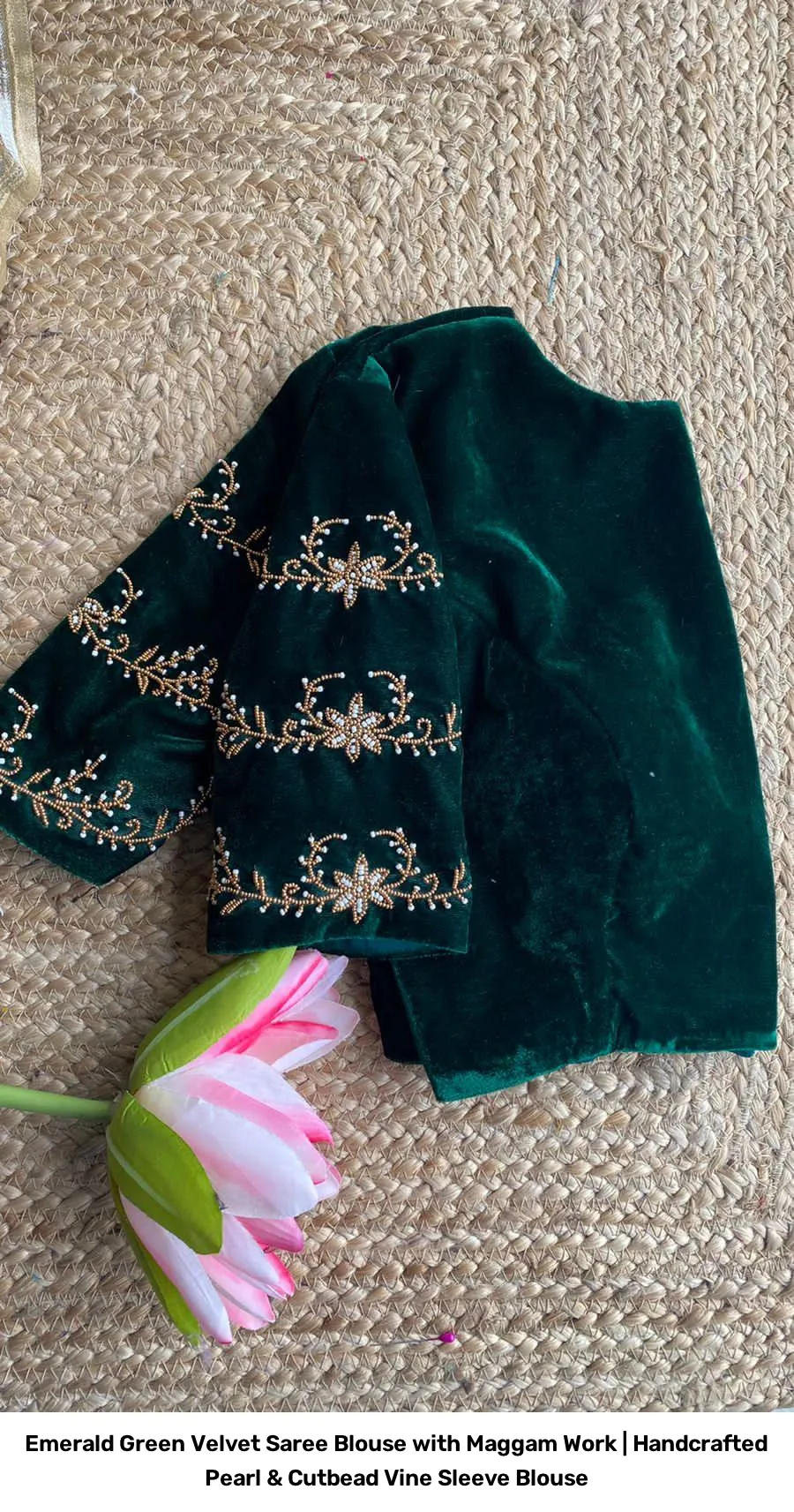 Emerald Green Velvet Saree Blouse with Maggam Work | Handcrafted Pearl & Cutbead Vine Sleeve Blouse 4