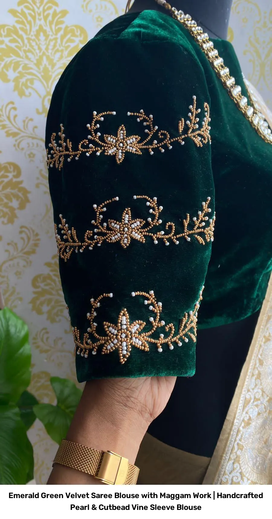 Emerald Green Velvet Saree Blouse with Maggam Work | Handcrafted Pearl & Cutbead Vine Sleeve Blouse 5