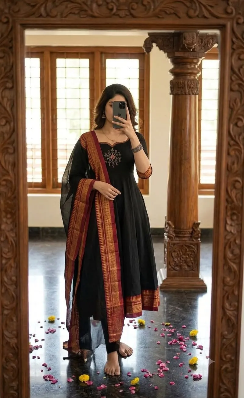 Ethnic Cotton Anarkali Kurti Pant Set with Jacquard Zari Dupatta