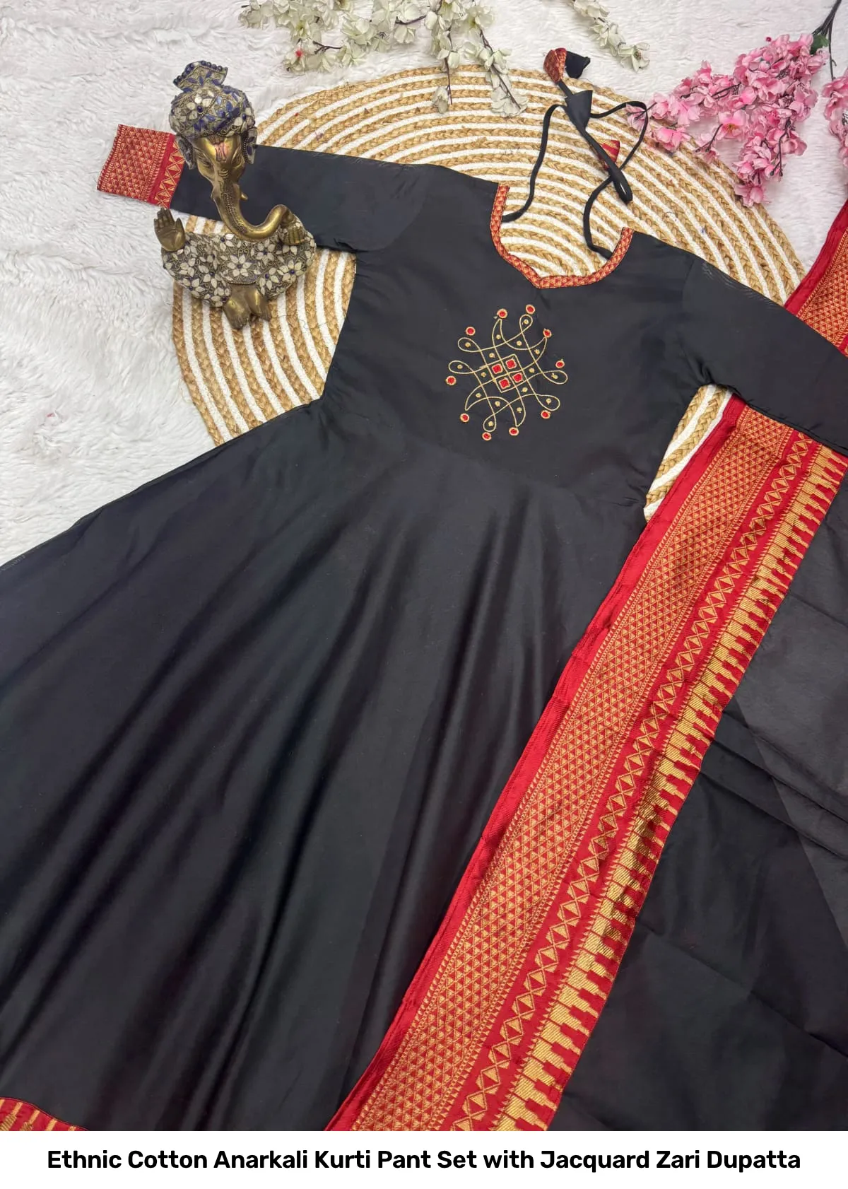 Ethnic Cotton Anarkali Kurti Pant Set with Jacquard Zari Dupatta 10