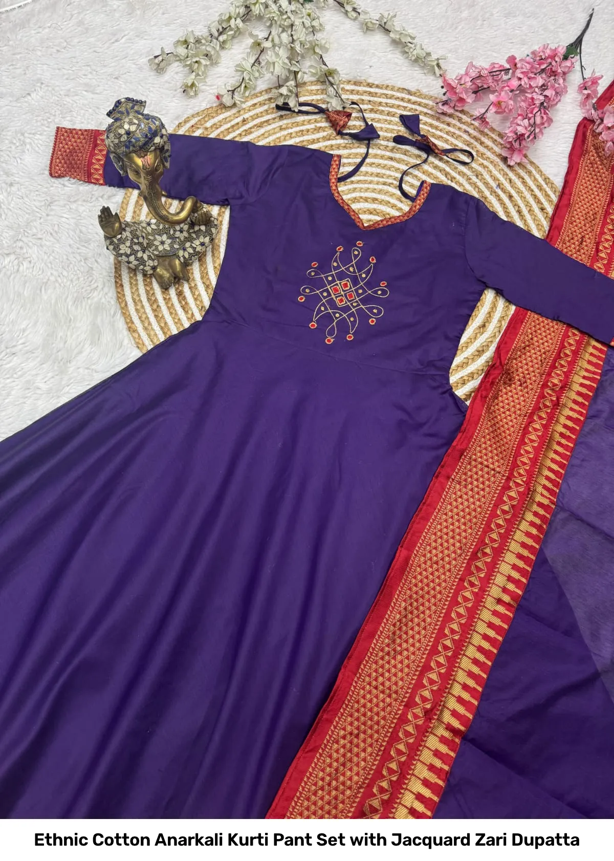 Ethnic Cotton Anarkali Kurti Pant Set with Jacquard Zari Dupatta 2