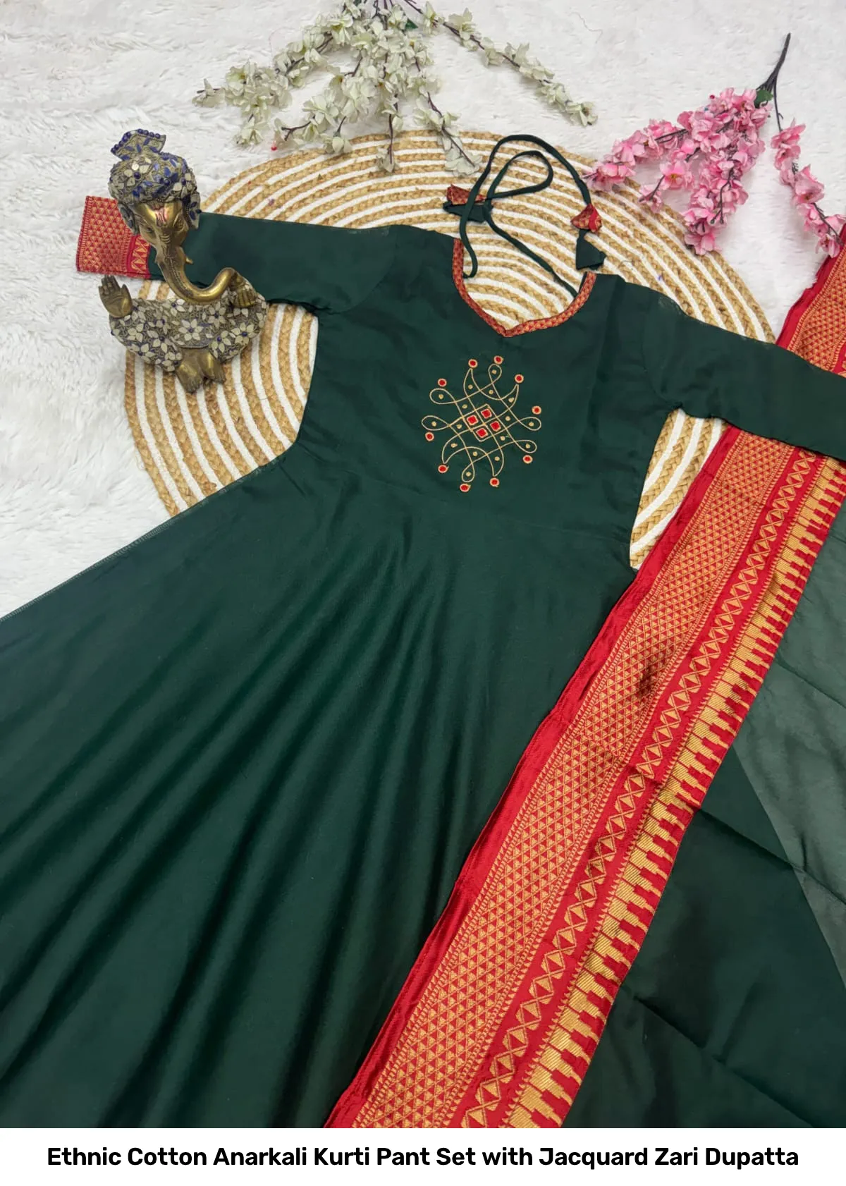 Ethnic Cotton Anarkali Kurti Pant Set with Jacquard Zari Dupatta 3