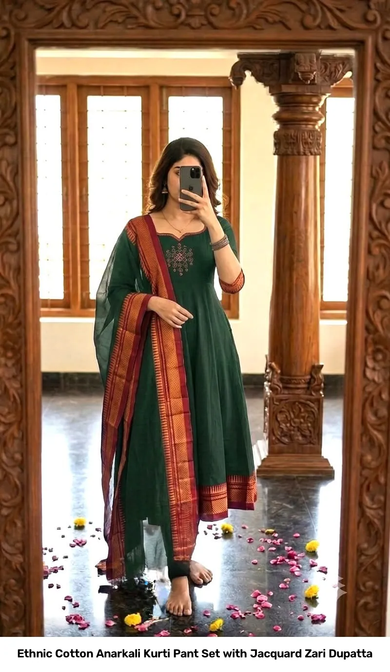 Ethnic Cotton Anarkali Kurti Pant Set with Jacquard Zari Dupatta 4