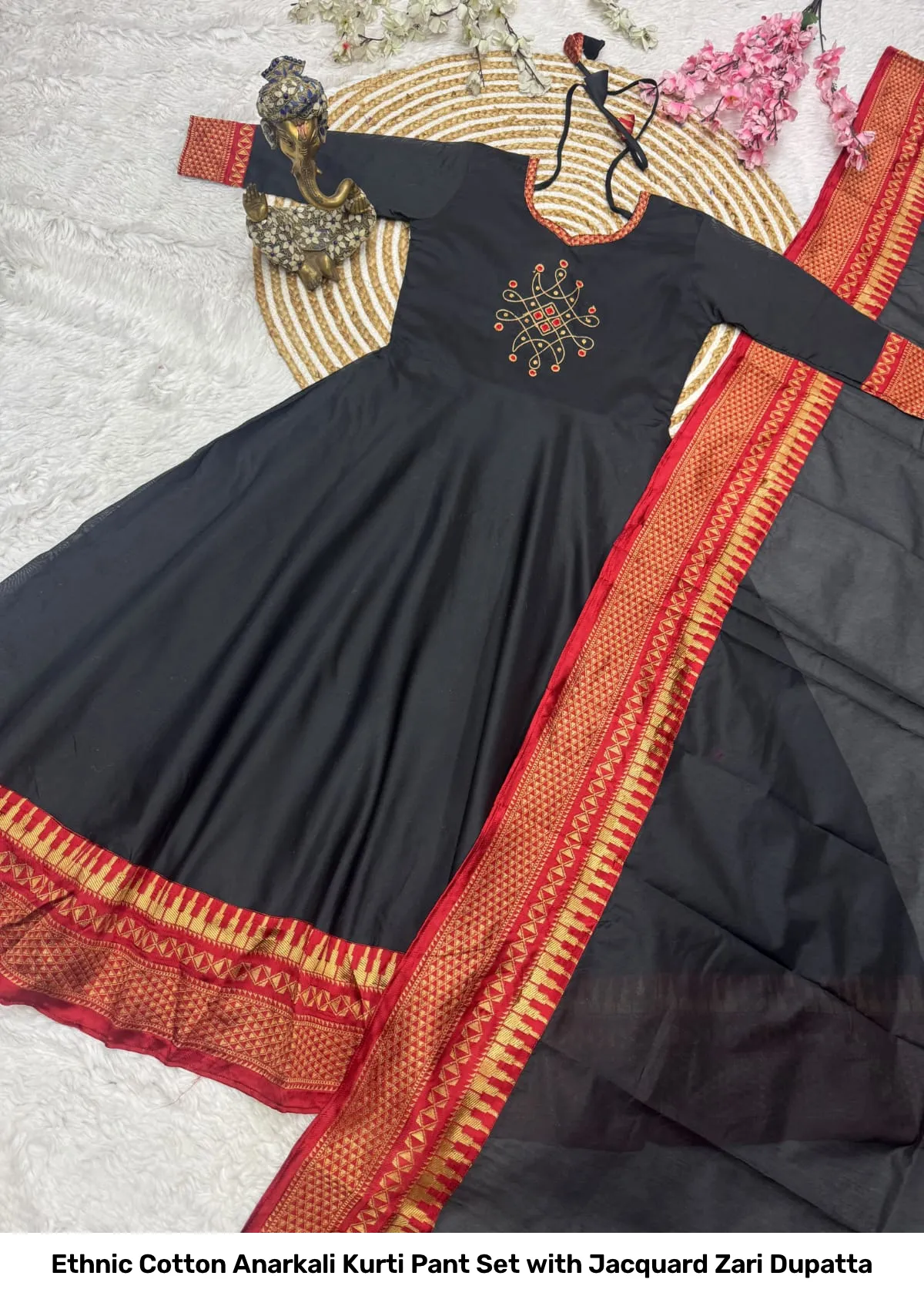 Ethnic Cotton Anarkali Kurti Pant Set with Jacquard Zari Dupatta 5