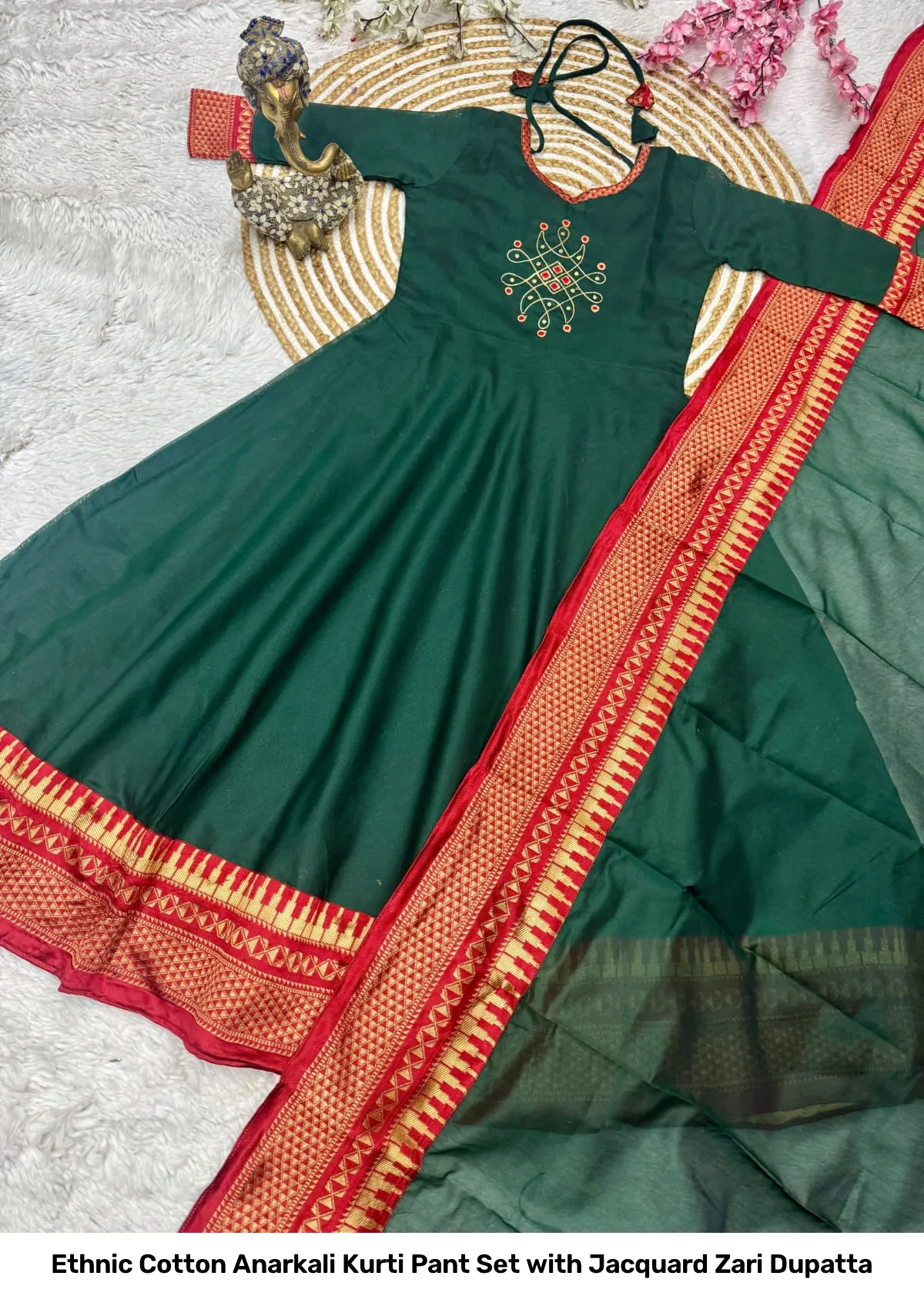 Ethnic Cotton Anarkali Kurti Pant Set with Jacquard Zari Dupatta 6