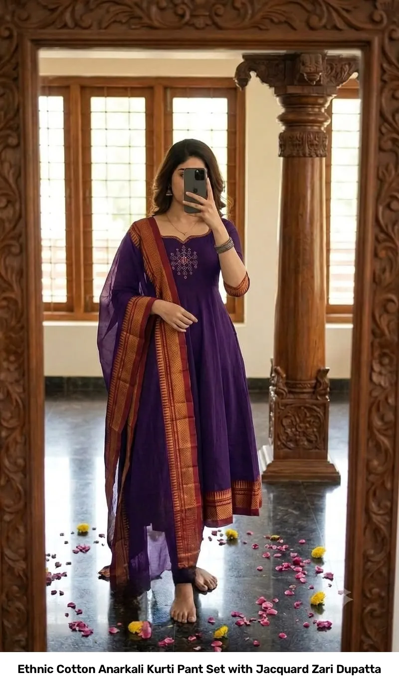 Ethnic Cotton Anarkali Kurti Pant Set with Jacquard Zari Dupatta 7