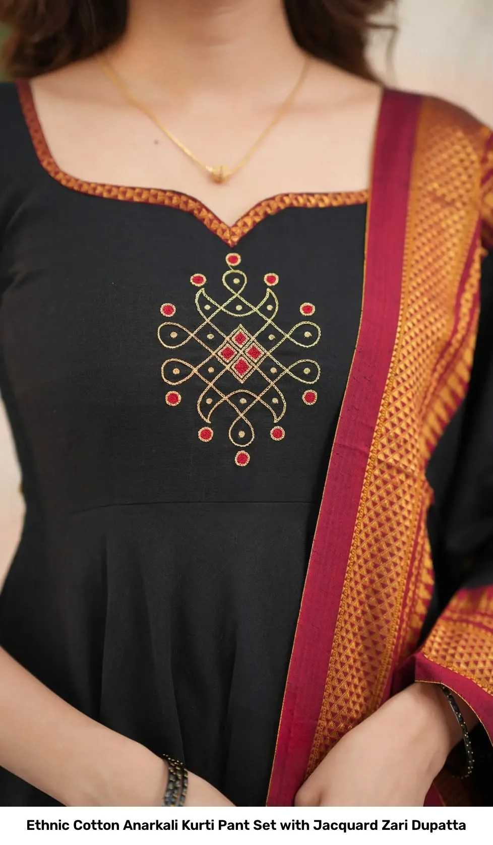 Ethnic Cotton Anarkali Kurti Pant Set with Jacquard Zari Dupatta 8