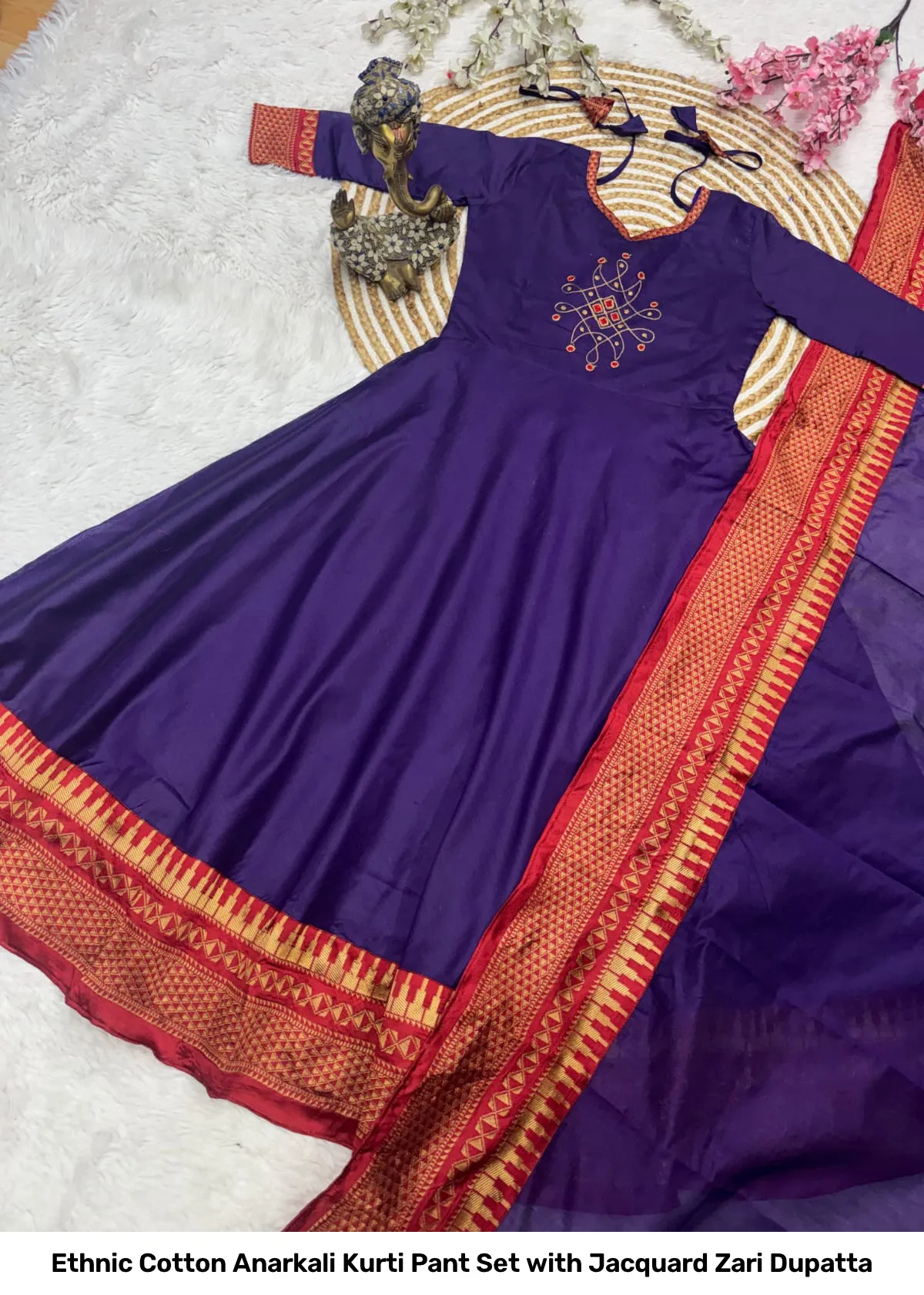 Ethnic Cotton Anarkali Kurti Pant Set with Jacquard Zari Dupatta 9