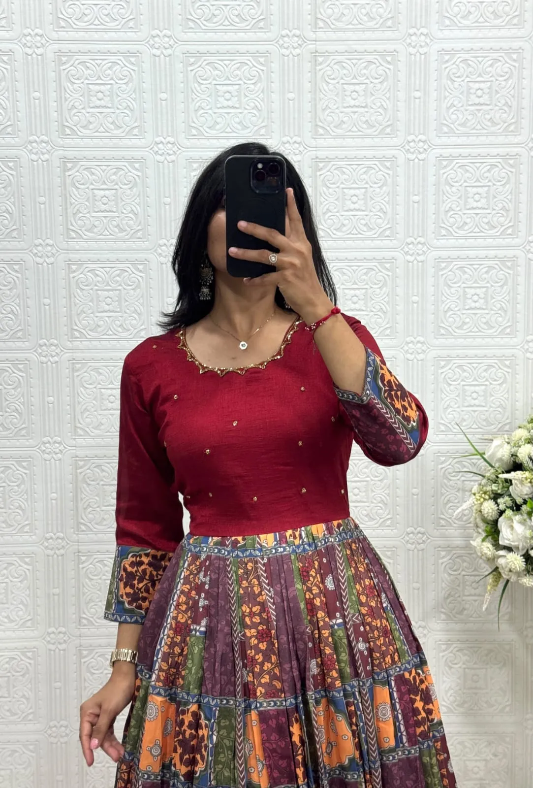 Ethnic Patchwork Print Anarkali Gown with Dupatta – Flared Festive Long Kurti Dress for Women