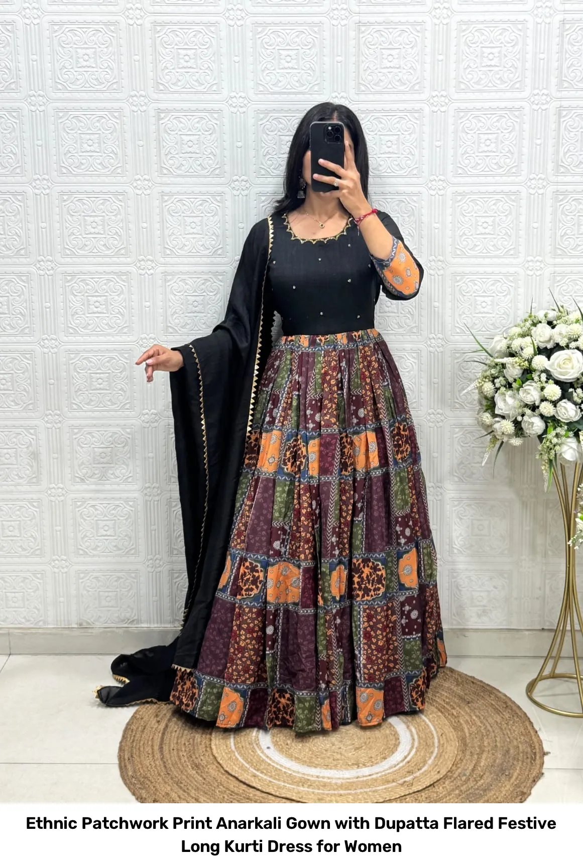 Ethnic Patchwork Print Anarkali Gown with Dupatta – Flared Festive Long Kurti Dress for Women 10