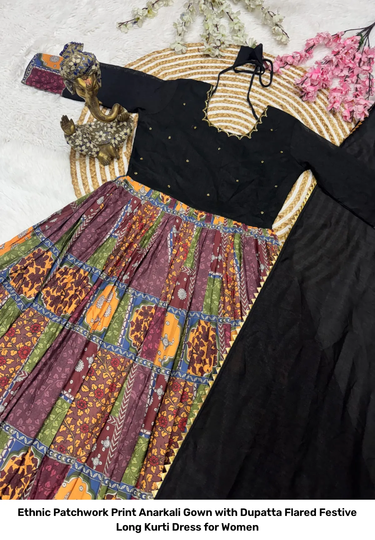Ethnic Patchwork Print Anarkali Gown with Dupatta – Flared Festive Long Kurti Dress for Women 11