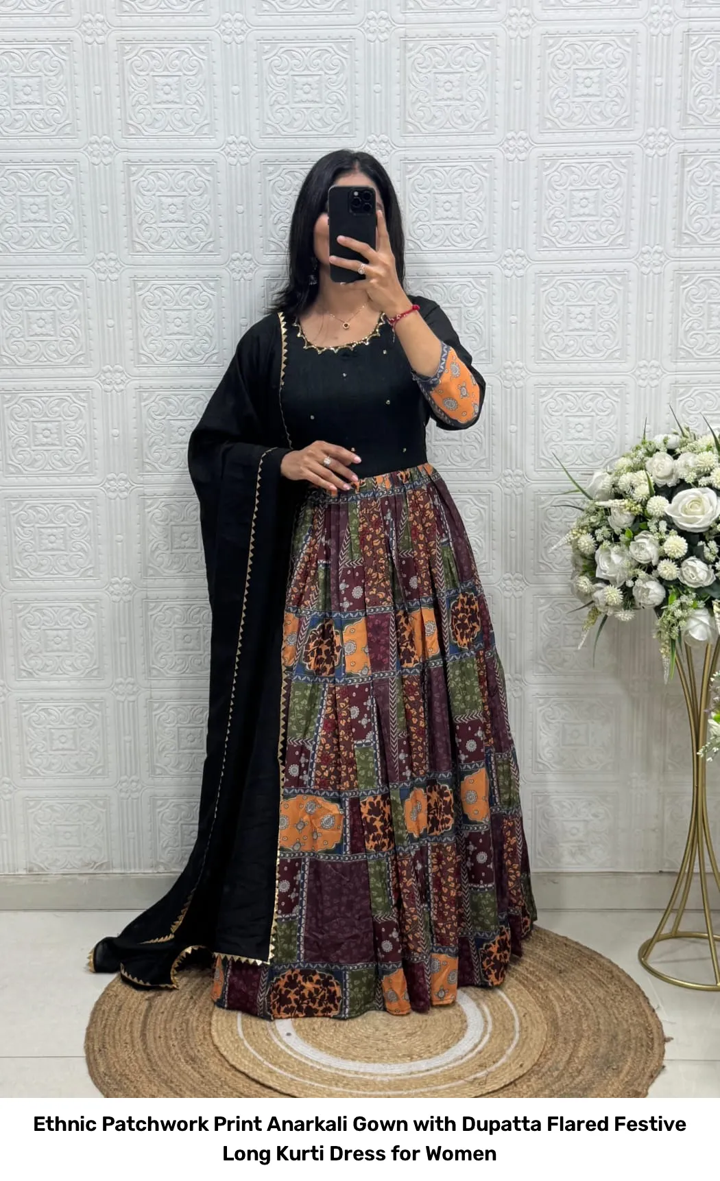 Ethnic Patchwork Print Anarkali Gown with Dupatta – Flared Festive Long Kurti Dress for Women 12