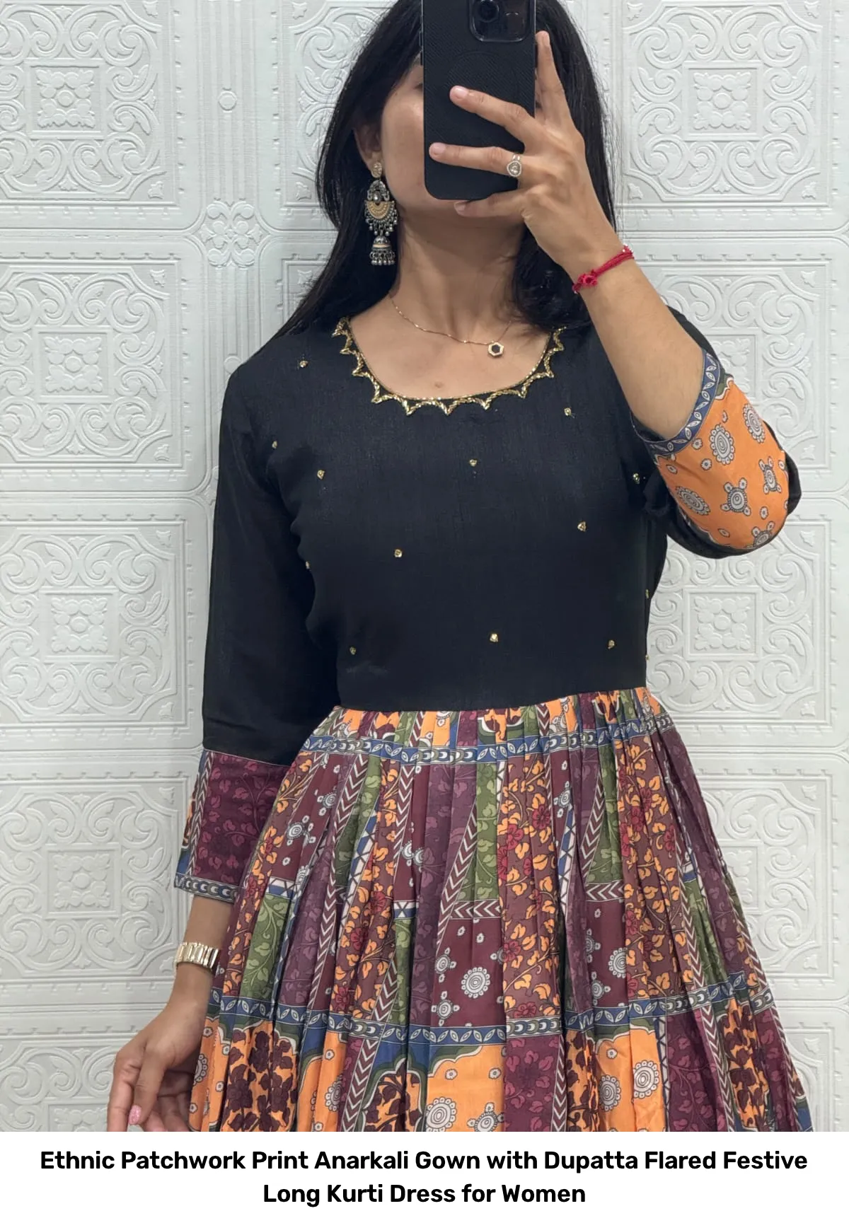 Ethnic Patchwork Print Anarkali Gown with Dupatta – Flared Festive Long Kurti Dress for Women 2