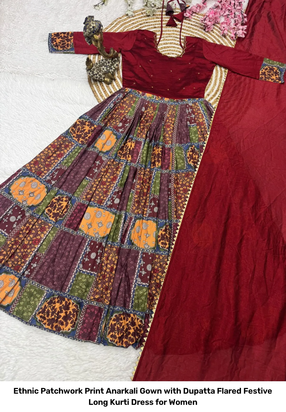 Ethnic Patchwork Print Anarkali Gown with Dupatta – Flared Festive Long Kurti Dress for Women 3