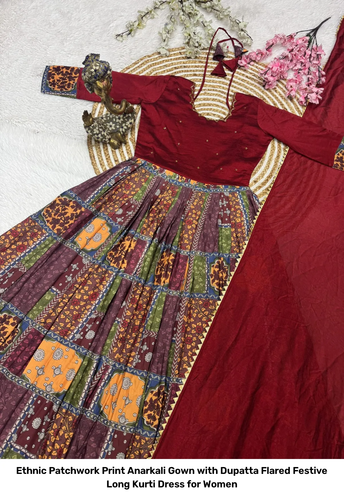 Ethnic Patchwork Print Anarkali Gown with Dupatta – Flared Festive Long Kurti Dress for Women 4