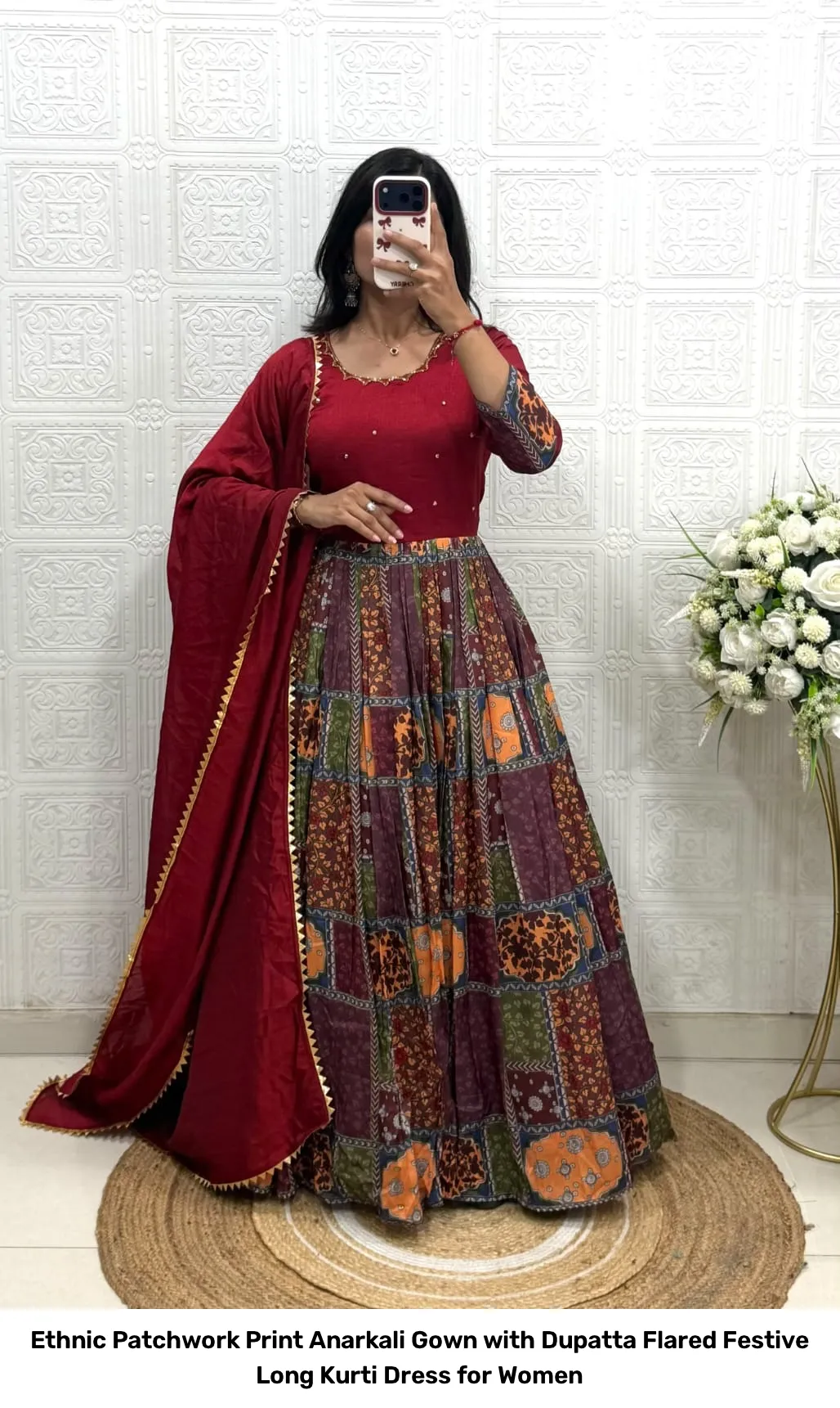 Ethnic Patchwork Print Anarkali Gown with Dupatta – Flared Festive Long Kurti Dress for Women 5