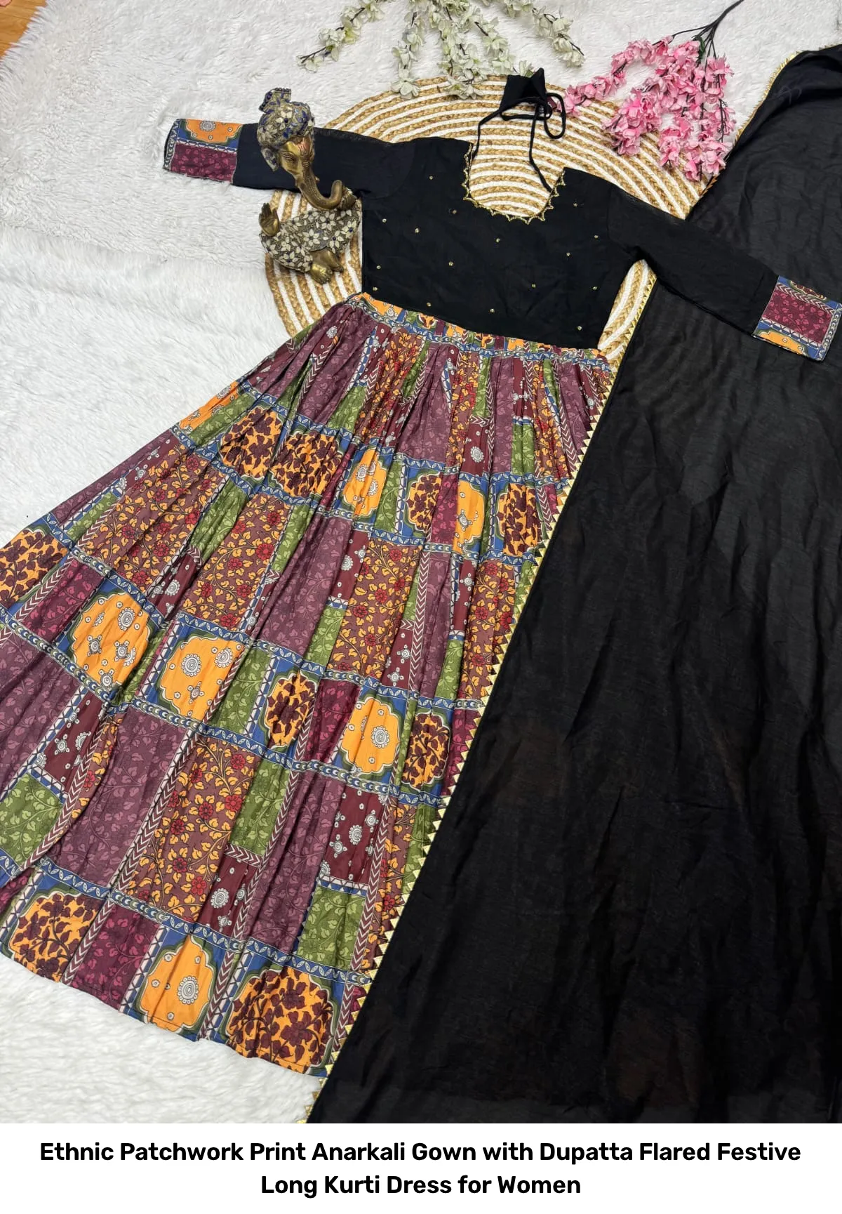 Ethnic Patchwork Print Anarkali Gown with Dupatta – Flared Festive Long Kurti Dress for Women 6