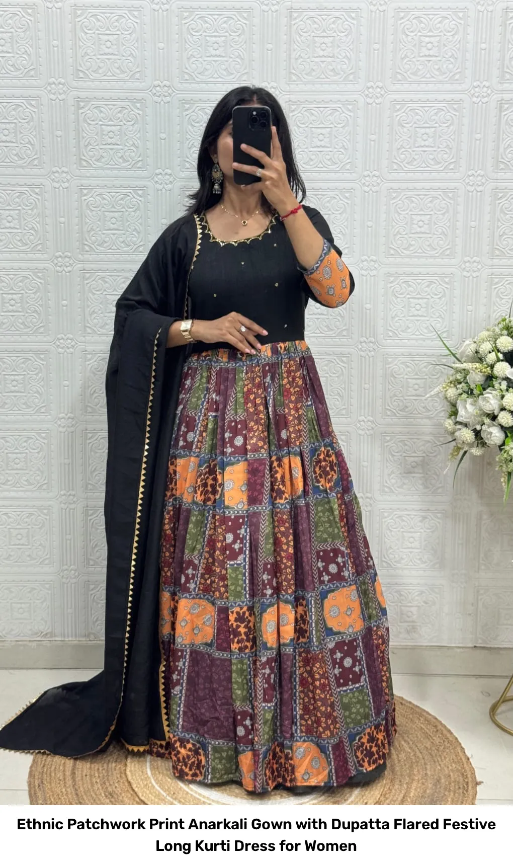 Ethnic Patchwork Print Anarkali Gown with Dupatta – Flared Festive Long Kurti Dress for Women 7