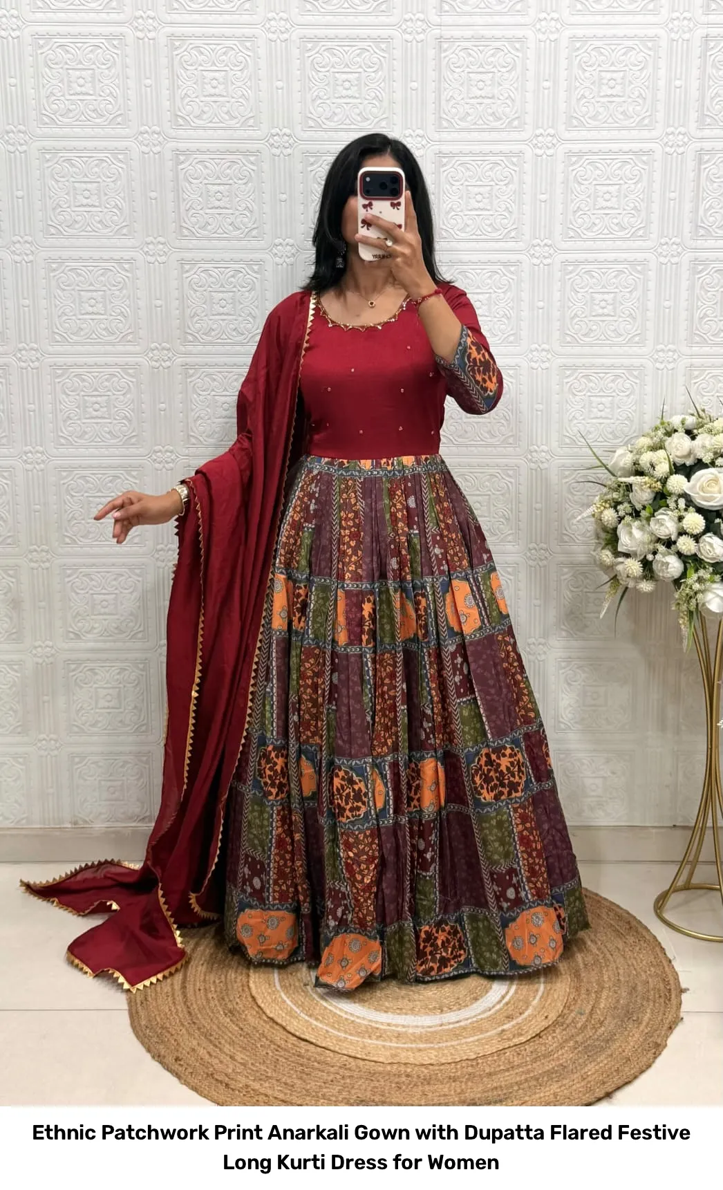 Ethnic Patchwork Print Anarkali Gown with Dupatta – Flared Festive Long Kurti Dress for Women 8