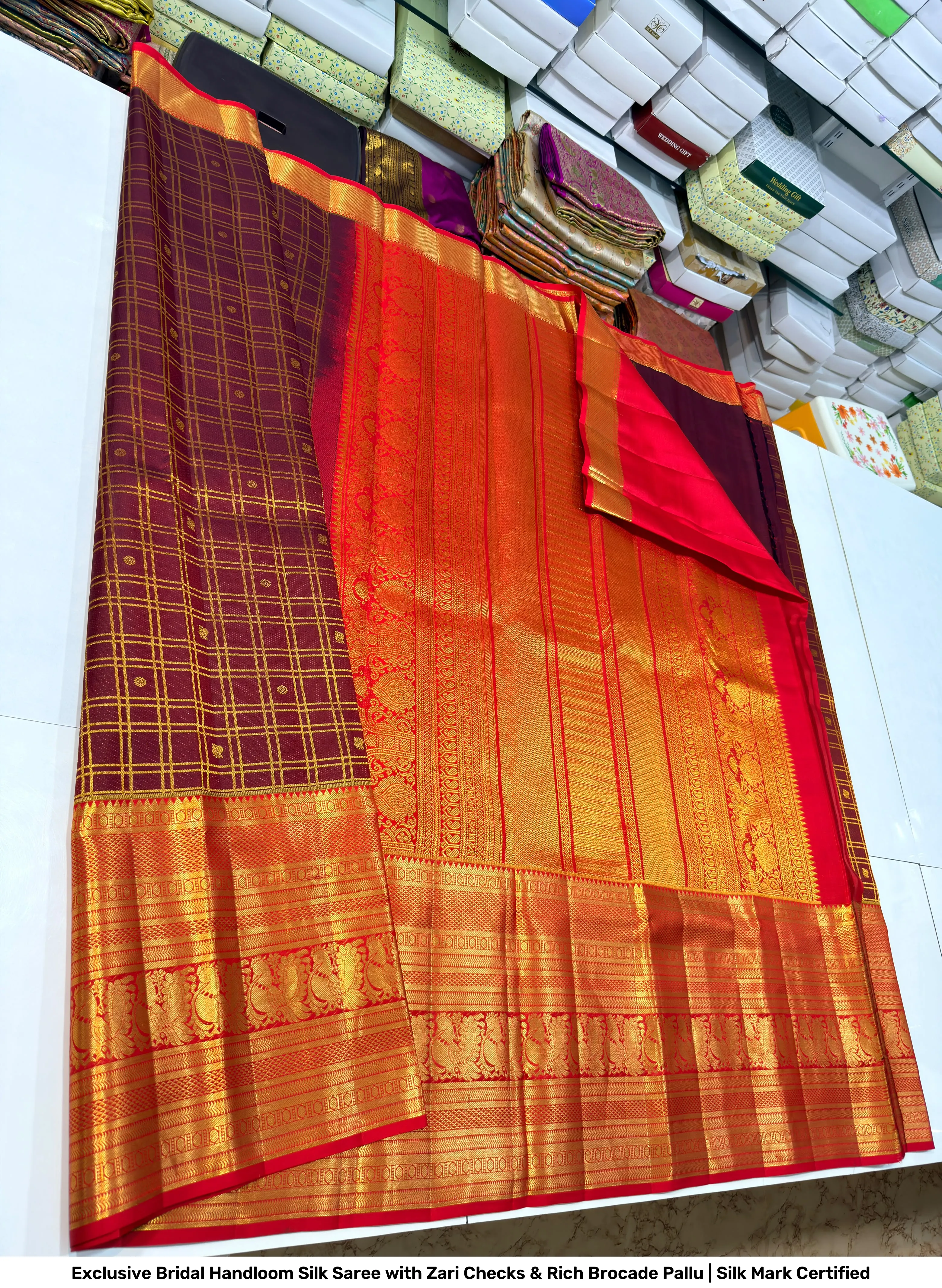 Exclusive Bridal Handloom Silk Saree with Zari Checks & Rich Brocade Pallu | Silk Mark Certified 2