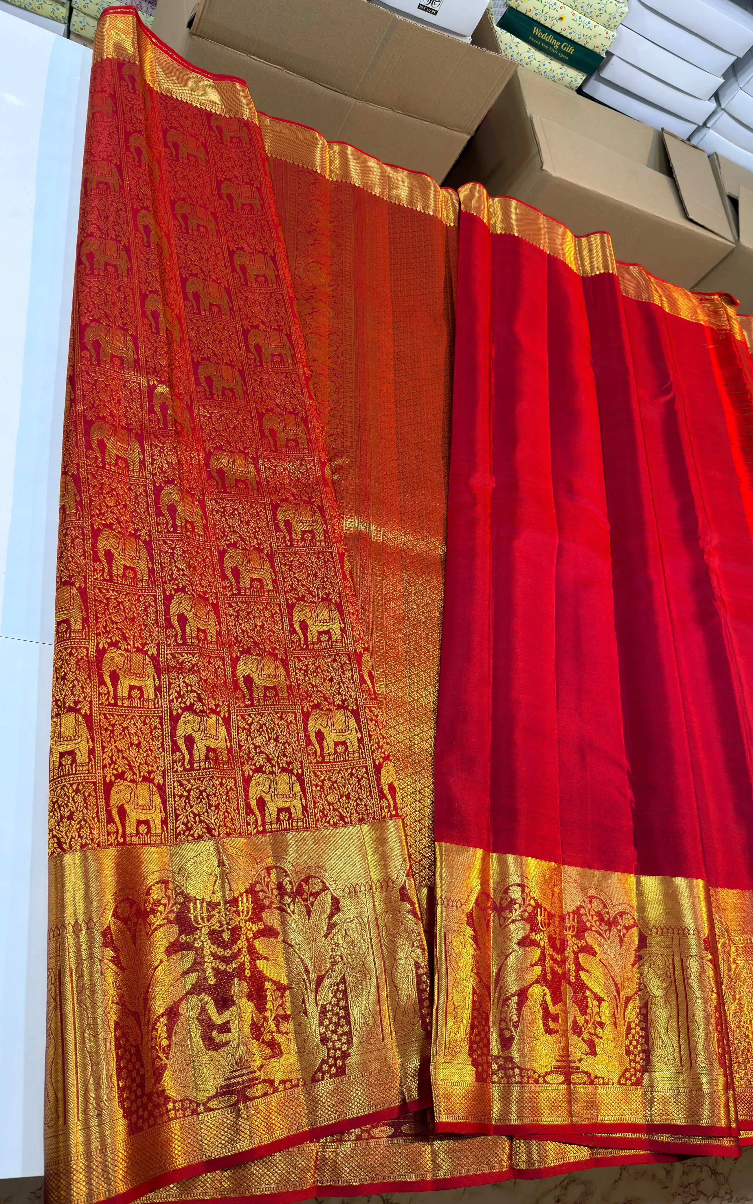 Exclusive Bridal Red Handloom Silk Saree with Kalyana Mandapam Vivah Border & Elephant Jaal | Silk Mark Certified