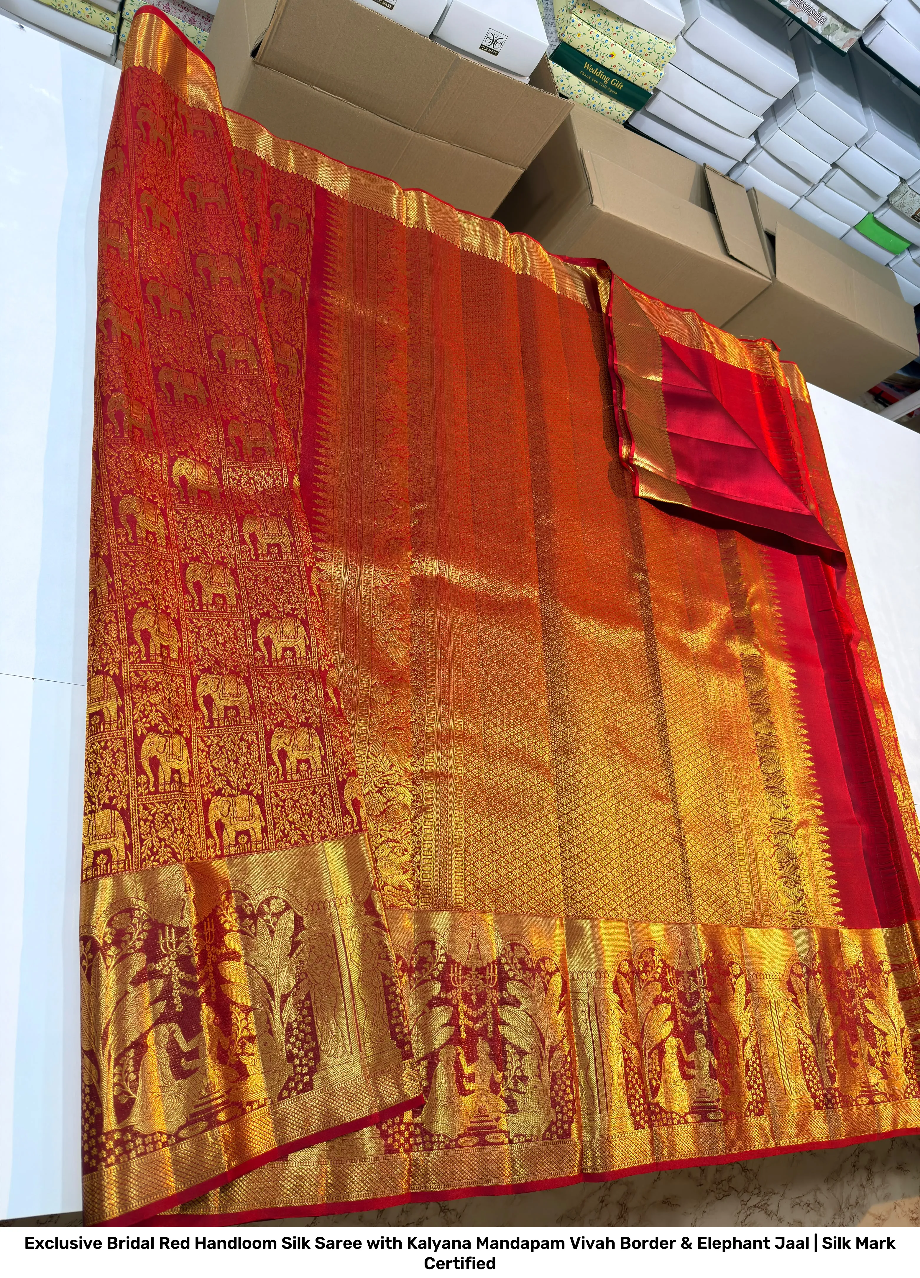 Exclusive Bridal Red Handloom Silk Saree with Kalyana Mandapam Vivah Border & Elephant Jaal | Silk Mark Certified 2