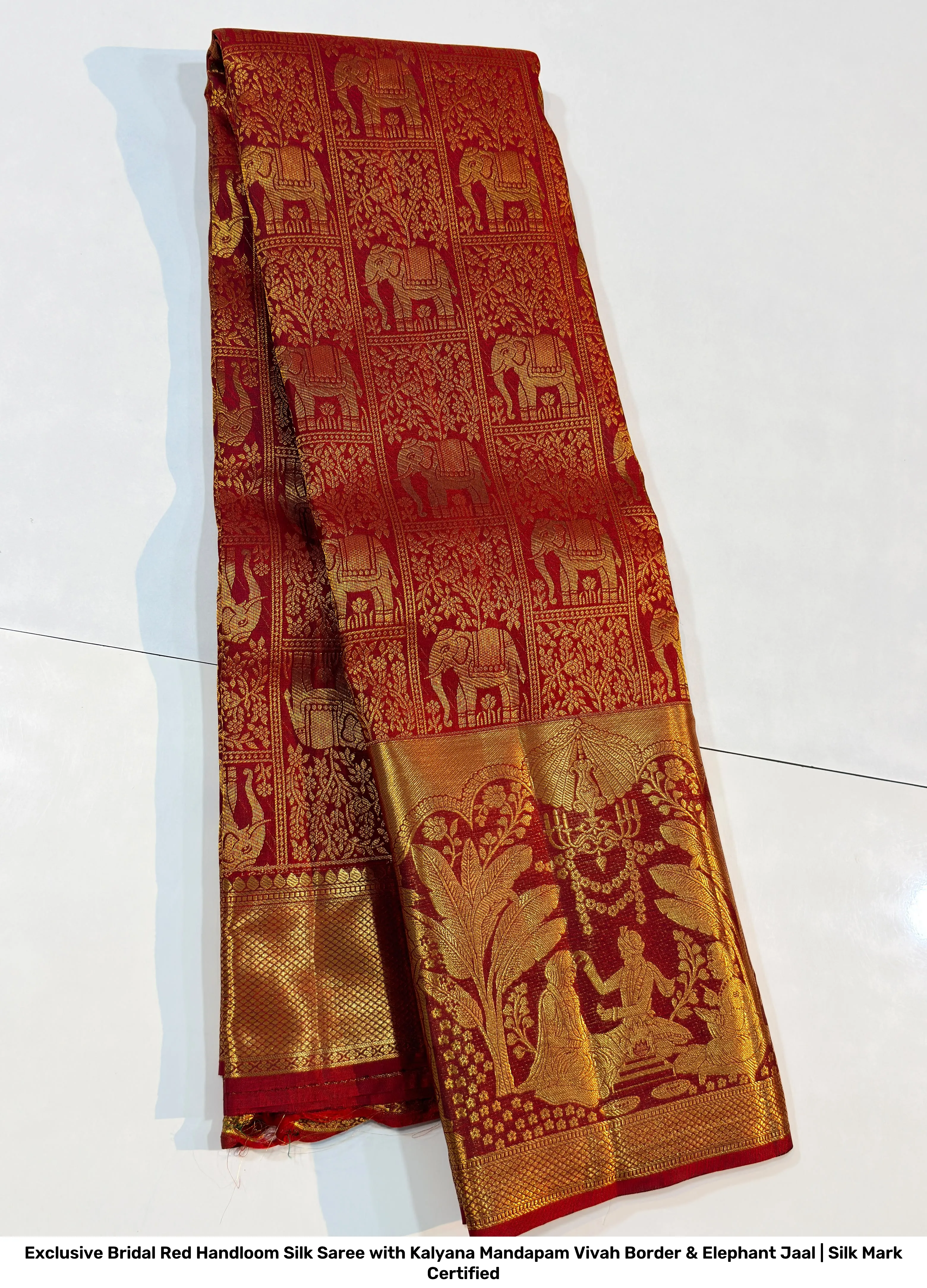 Exclusive Bridal Red Handloom Silk Saree with Kalyana Mandapam Vivah Border & Elephant Jaal | Silk Mark Certified 3