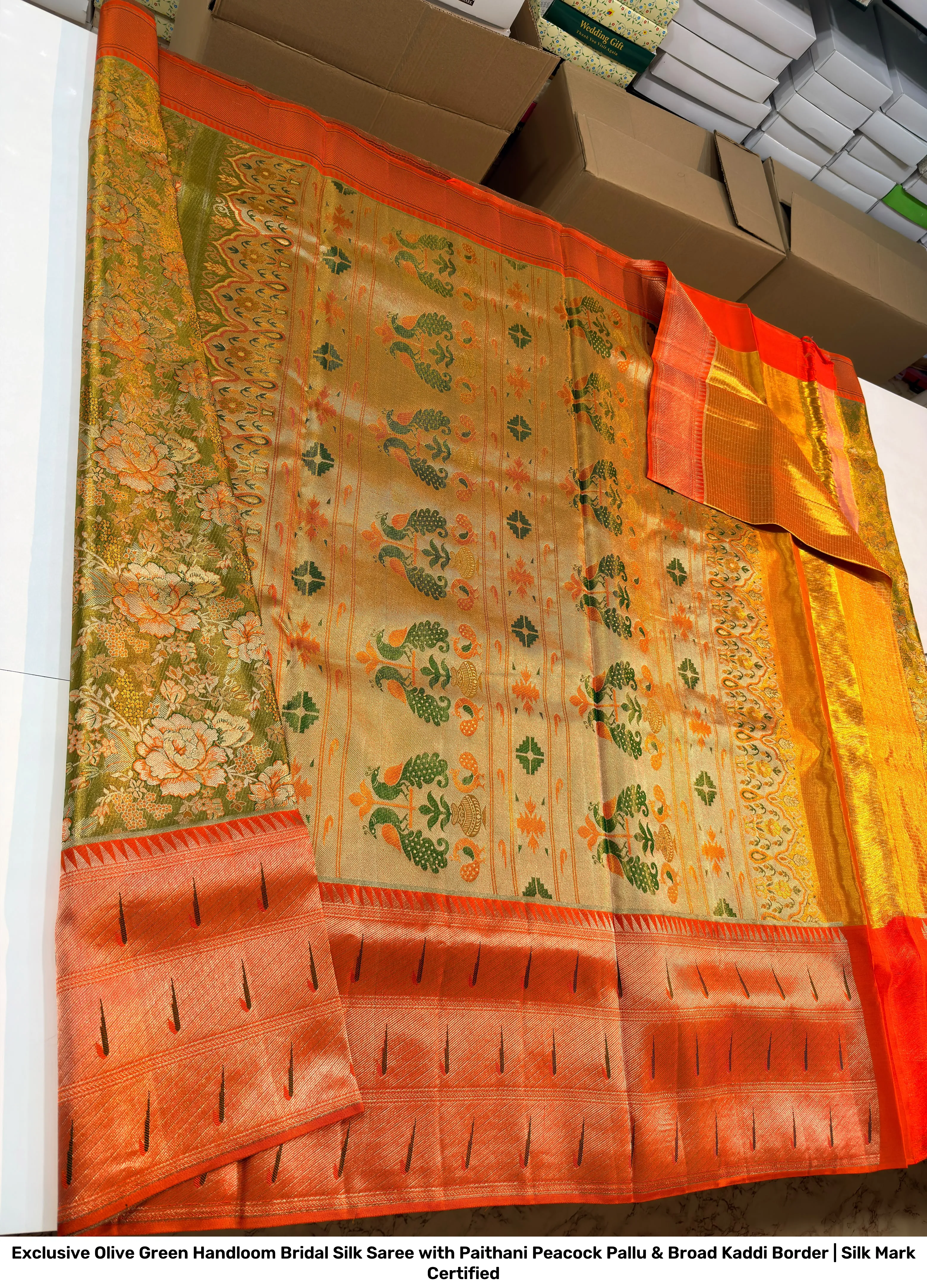 Exclusive Olive Green Handloom Bridal Silk Saree with Paithani Peacock Pallu & Broad Kaddi Border | Silk Mark Certified 2