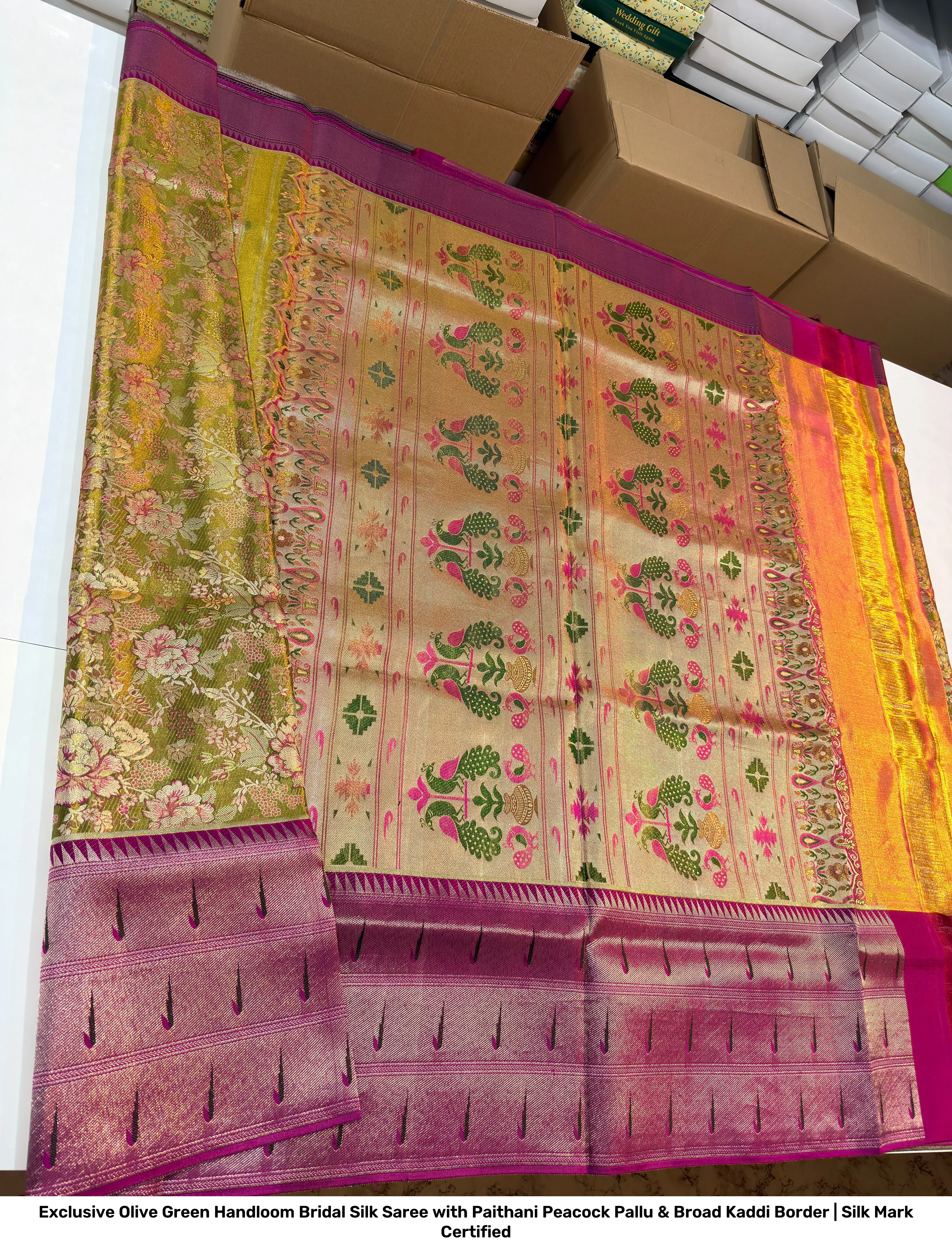 Exclusive Olive Green Handloom Bridal Silk Saree with Paithani Peacock Pallu & Broad Kaddi Border | Silk Mark Certified 4