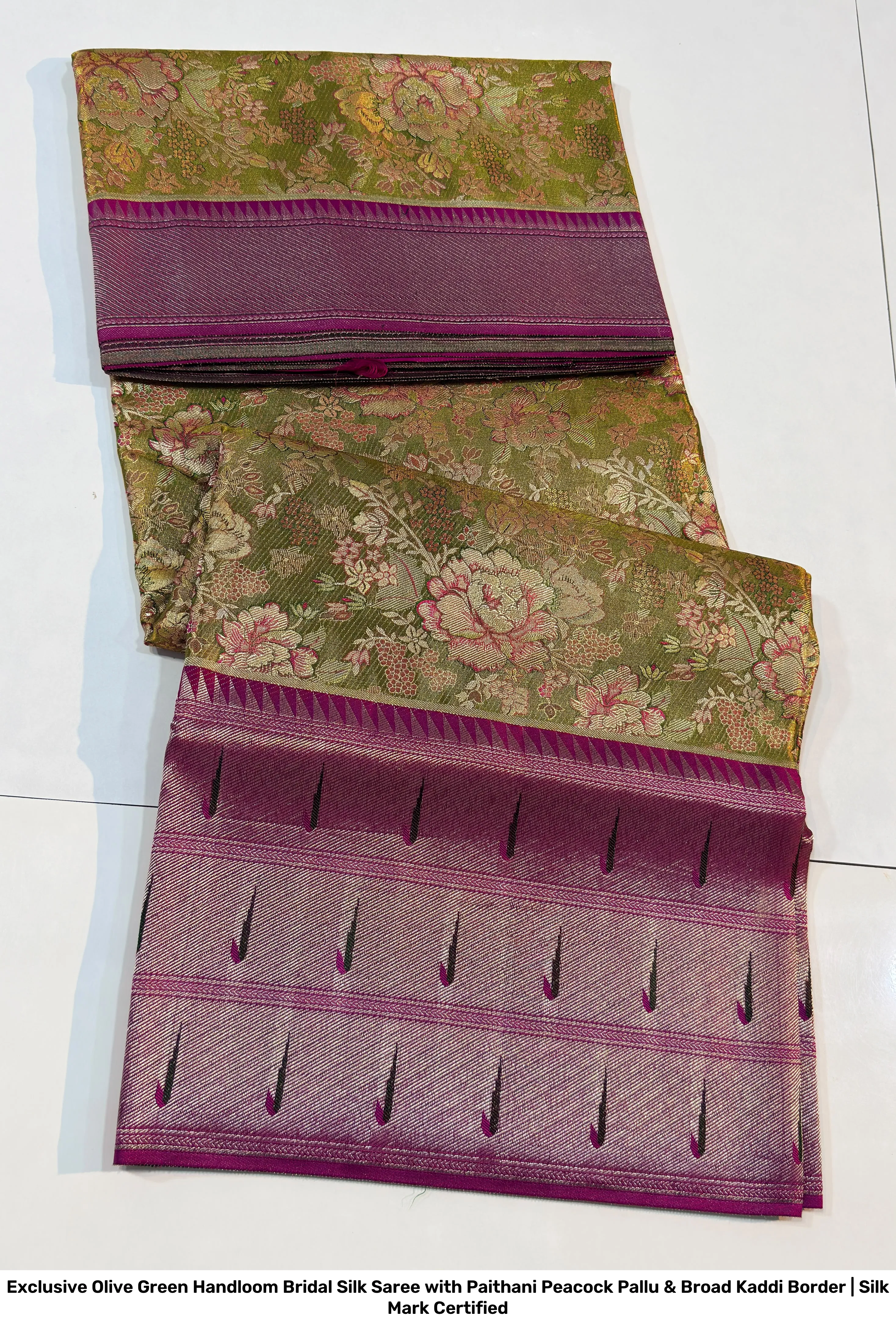 Exclusive Olive Green Handloom Bridal Silk Saree with Paithani Peacock Pallu & Broad Kaddi Border | Silk Mark Certified 5