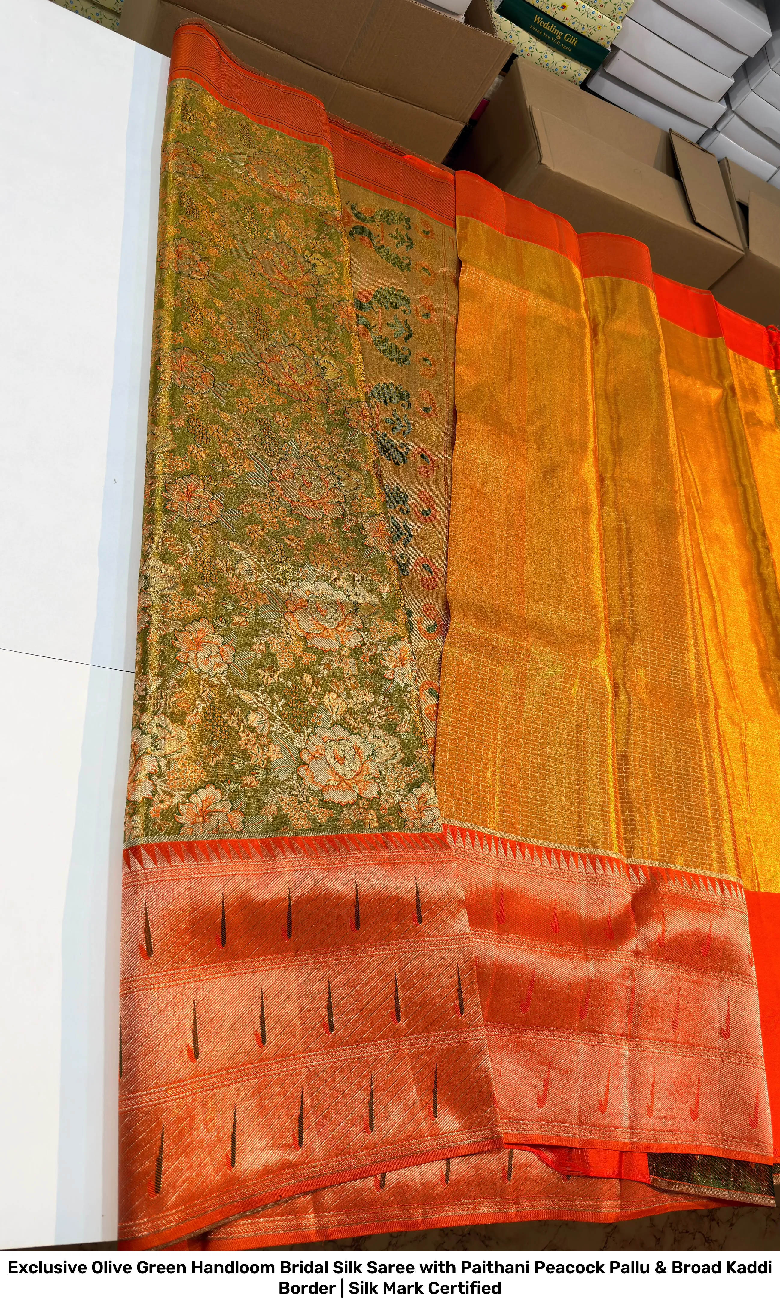 Exclusive Olive Green Handloom Bridal Silk Saree with Paithani Peacock Pallu & Broad Kaddi Border | Silk Mark Certified 6