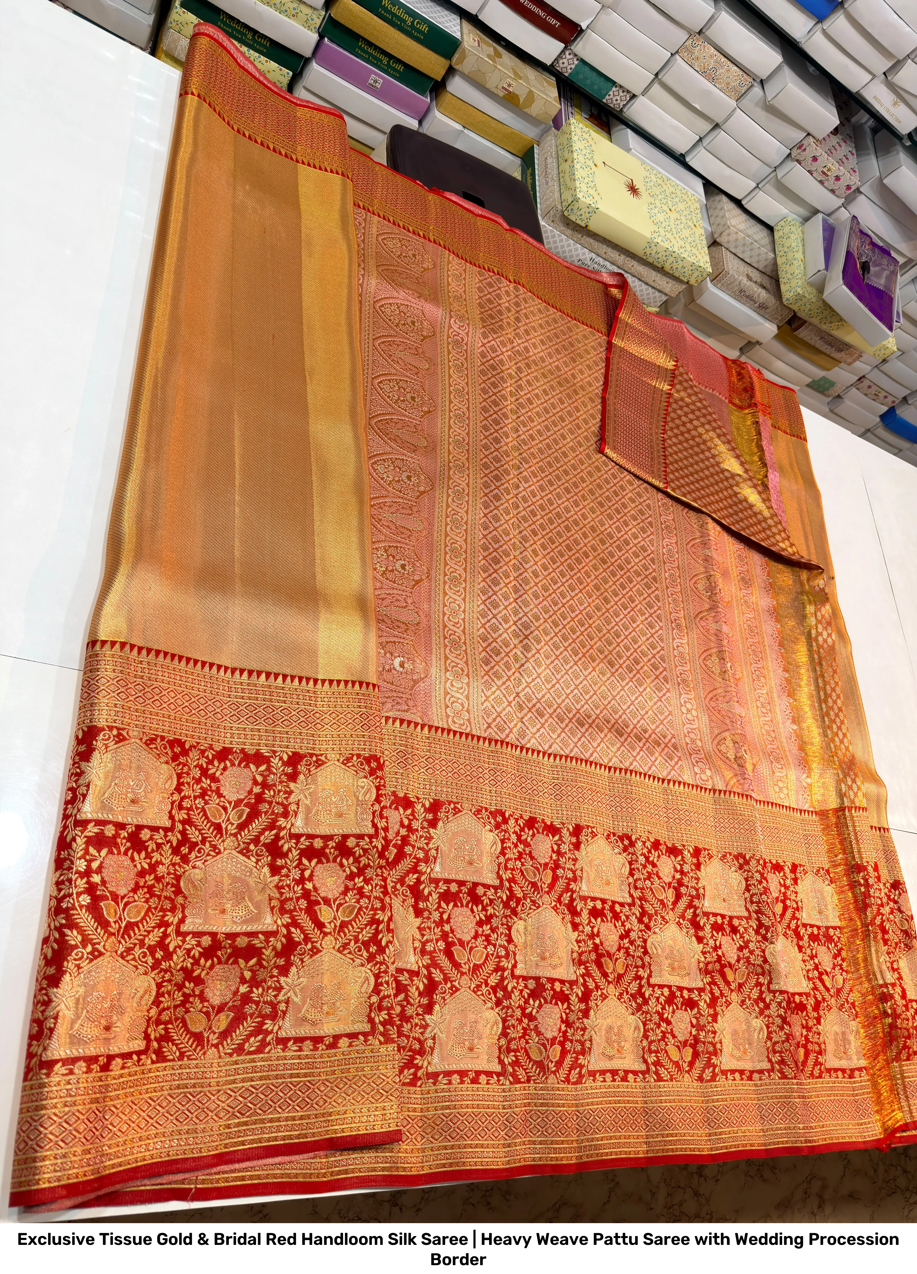 Exclusive Tissue Gold & Bridal Red Handloom Silk Saree | Heavy Weave Pattu Saree with Wedding Procession Border 2