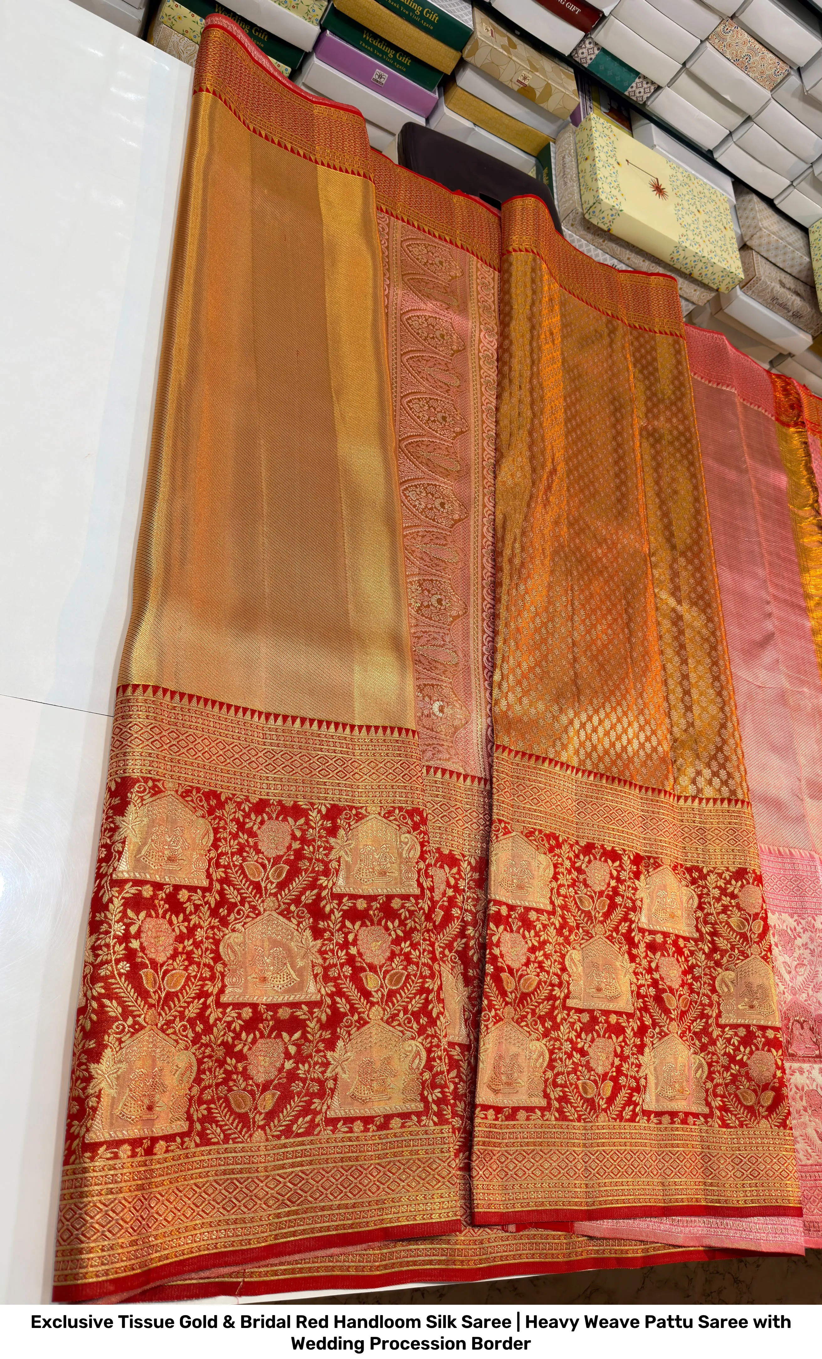 Exclusive Tissue Gold & Bridal Red Handloom Silk Saree | Heavy Weave Pattu Saree with Wedding Procession Border 3