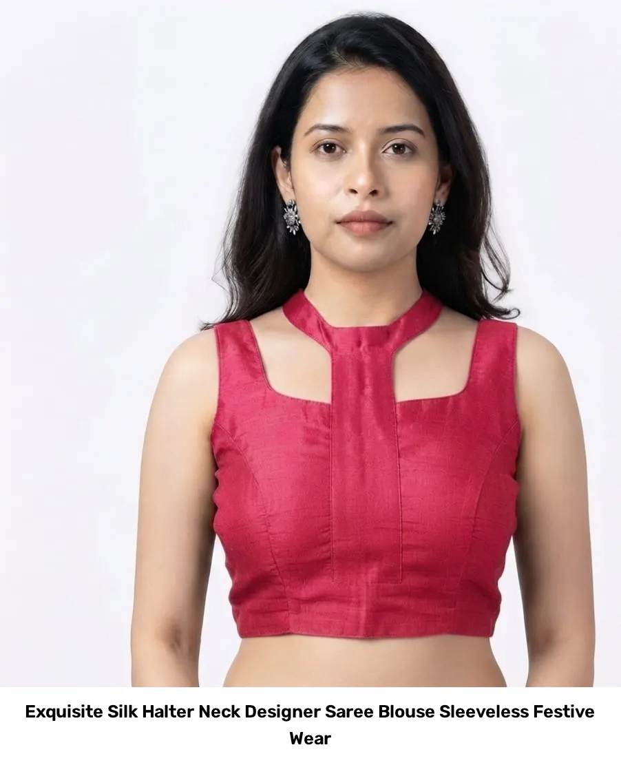 Exquisite Silk Halter Neck Designer Saree Blouse – Sleeveless Festive Wear 2