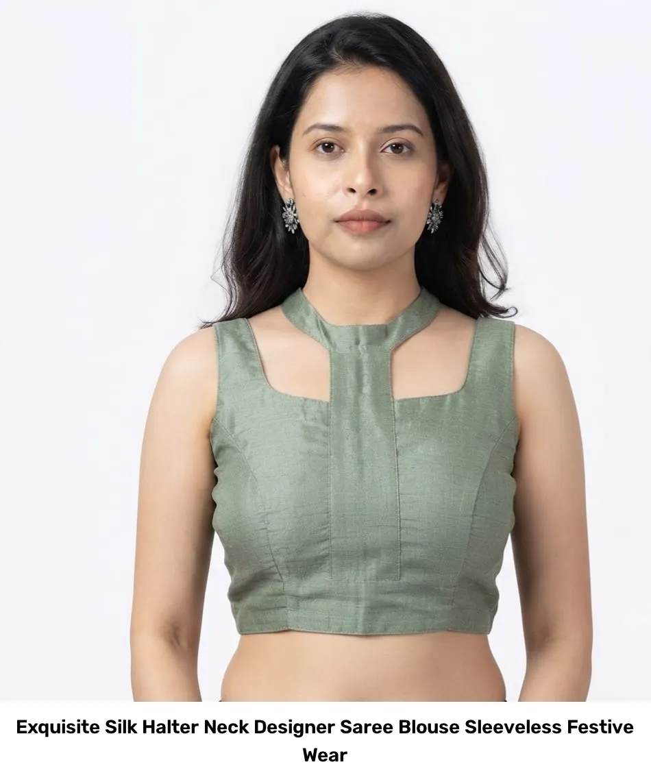 Exquisite Silk Halter Neck Designer Saree Blouse – Sleeveless Festive Wear 4