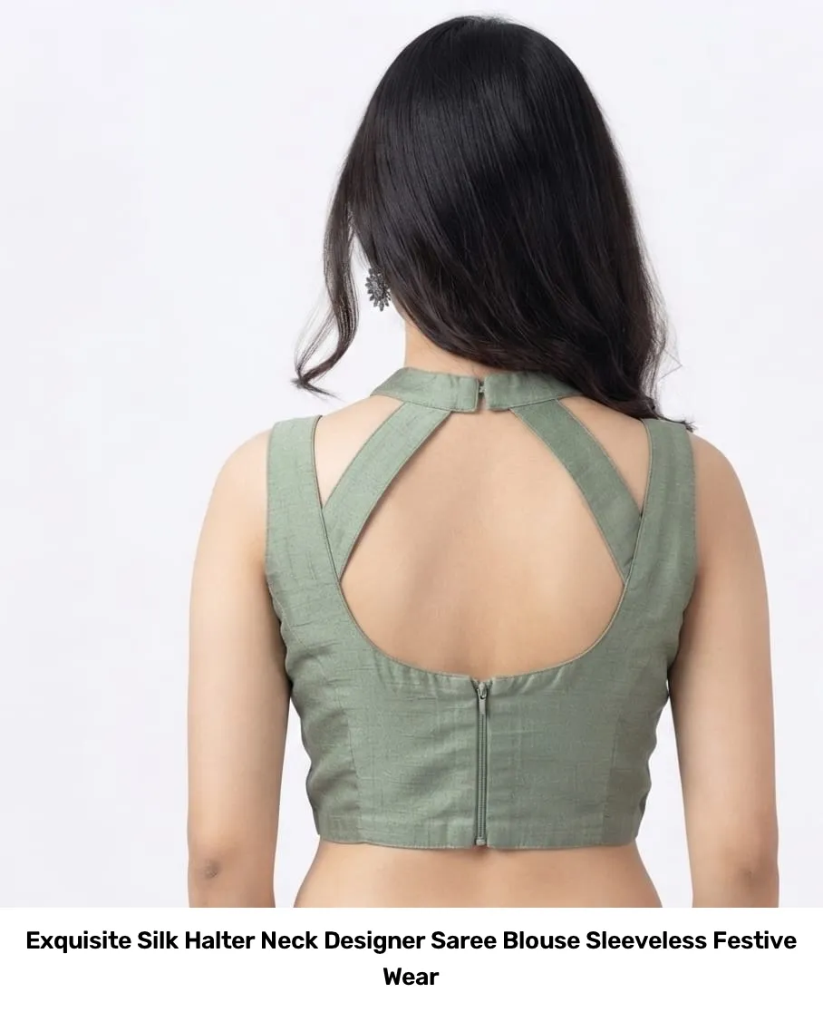 Exquisite Silk Halter Neck Designer Saree Blouse – Sleeveless Festive Wear 7
