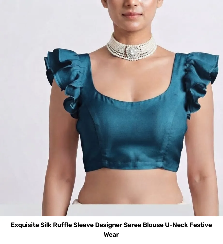 Exquisite Silk Ruffle Sleeve Designer Saree Blouse – U-Neck Festive Wear 3